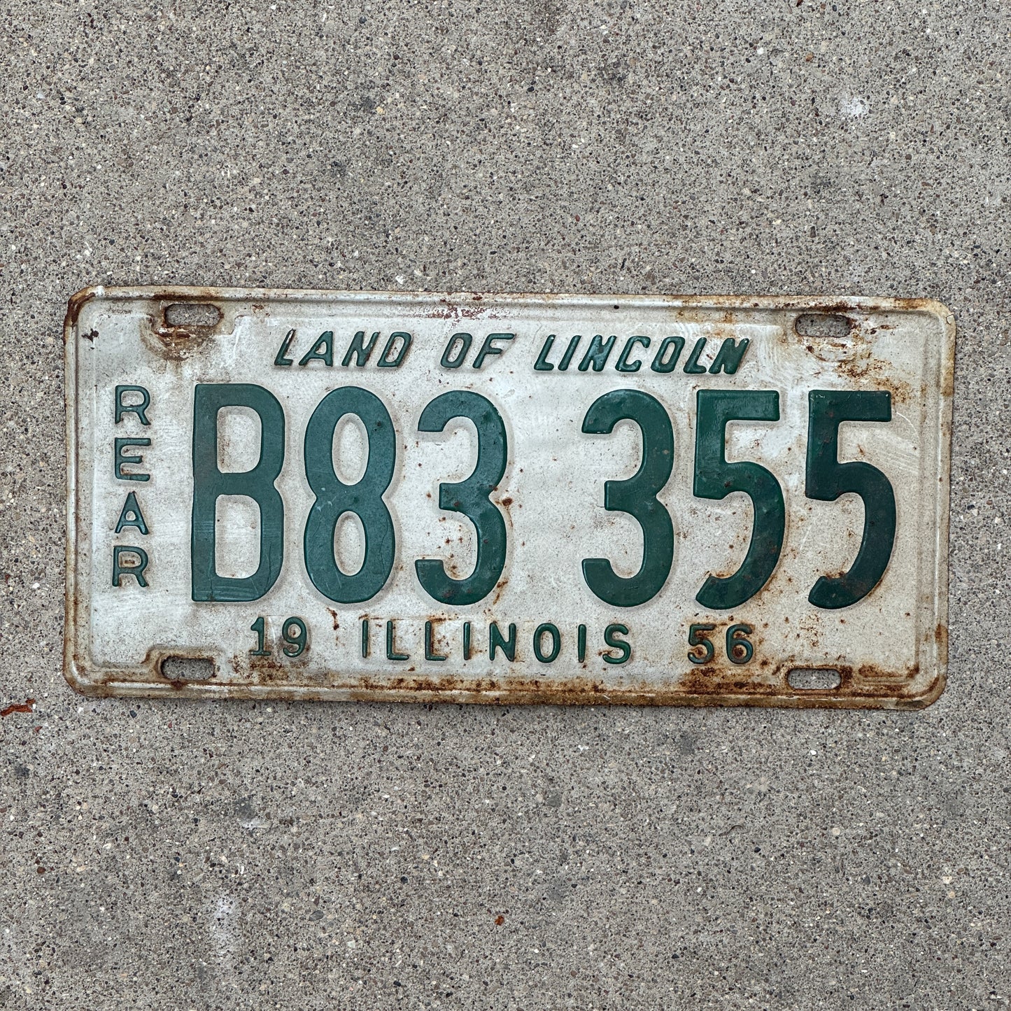 Photo of a 1956 Illinois Truck License Plate Auto Tag Garage Decor Vintage Rear Plate B 83 355 with original patina