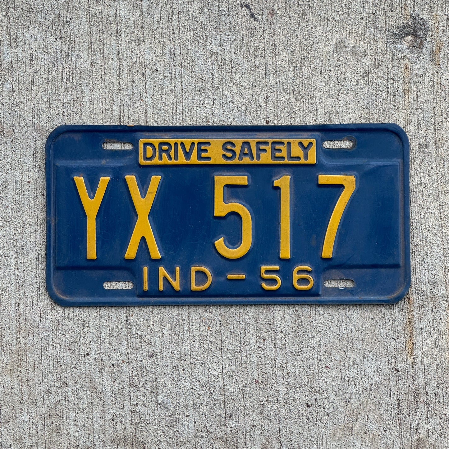 Photo of a 1956 Indiana License Plate Auto Tag Garage Decor Vintage YX 517 with original patina