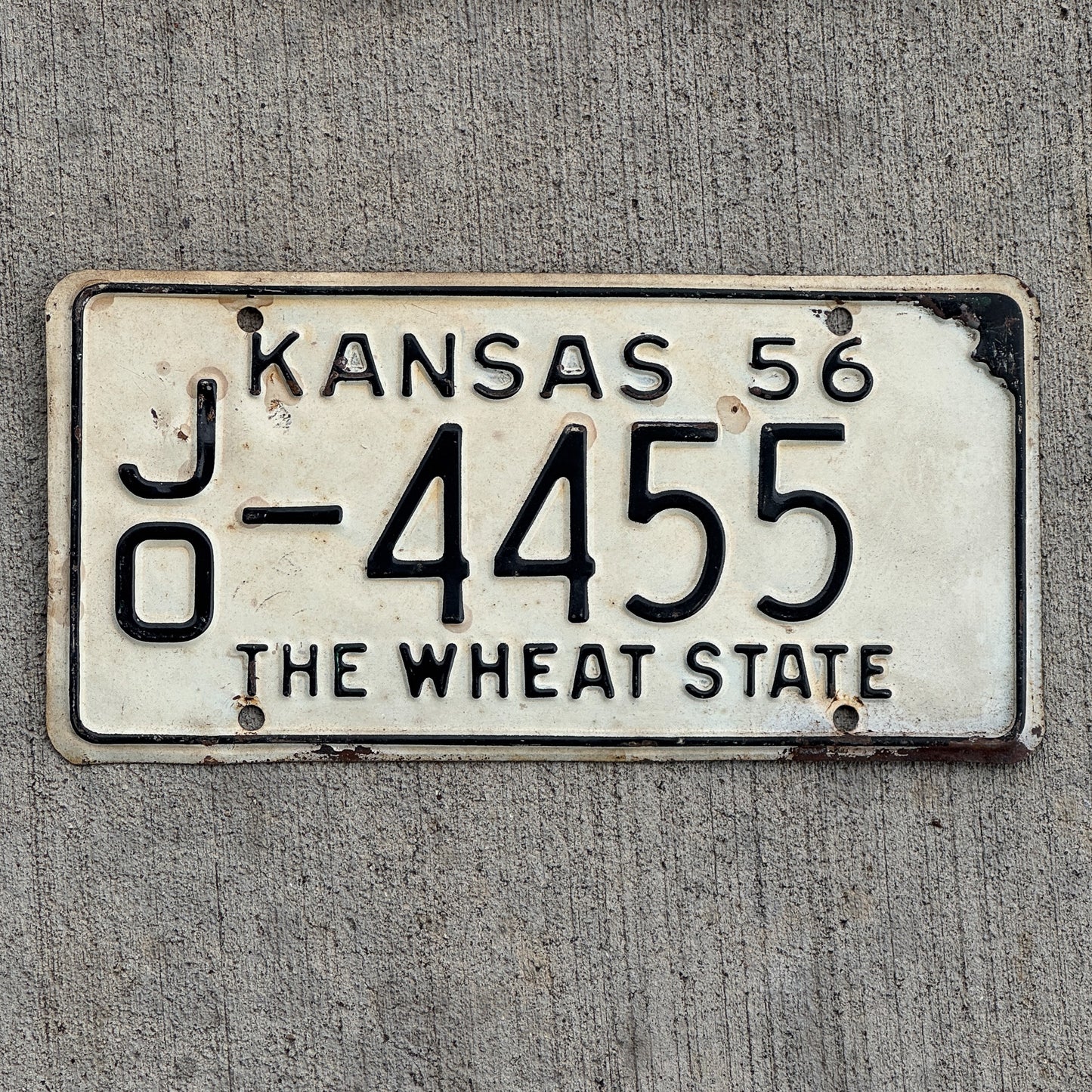 Photo of a 1956 Kansas License Plate Auto Tag Garage Decor Vintage JO 4455 with original patina