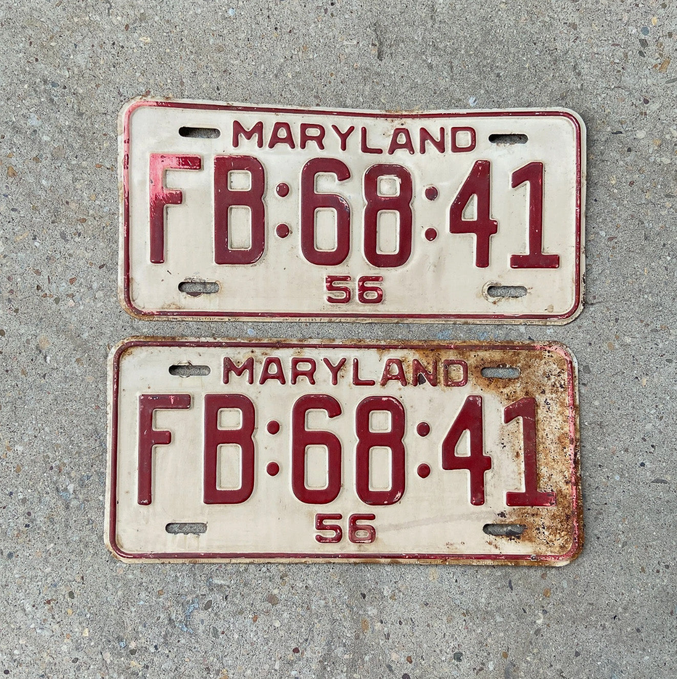 Photo of a 1956 Maryland License Plate Pair Auto Tag Garage Decor Vintage FB 68 41 with original patina