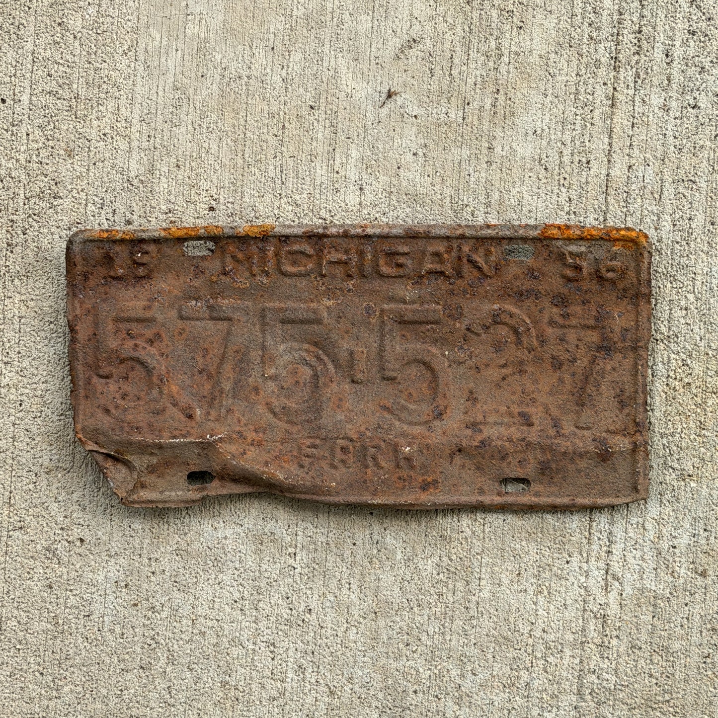 Photo of a 1956 Michigan Farm License Plate Auto Tag Garage Decor Vintage 575 527 with original patina