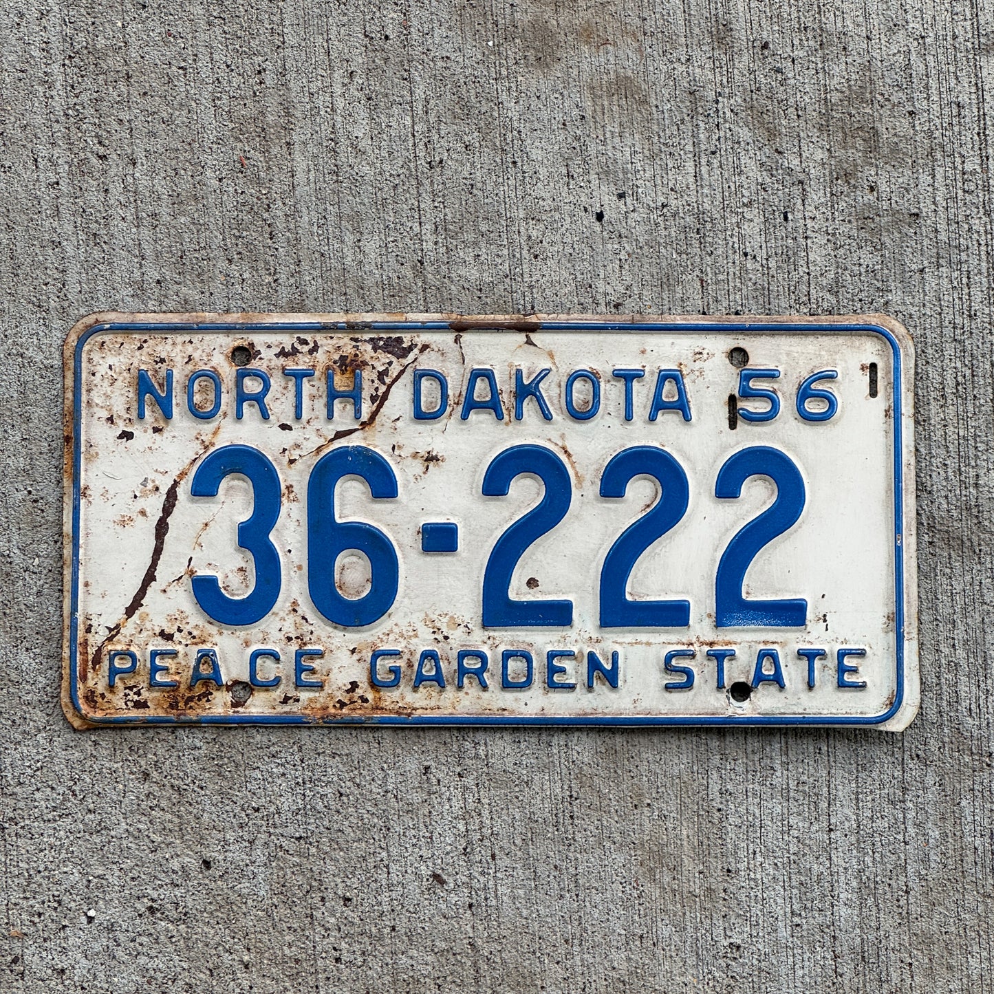 Photo of a 1956 North Dakota License Plate Auto Tag Garage Decor Vintage Repeat Repeating 36 222 with original patina