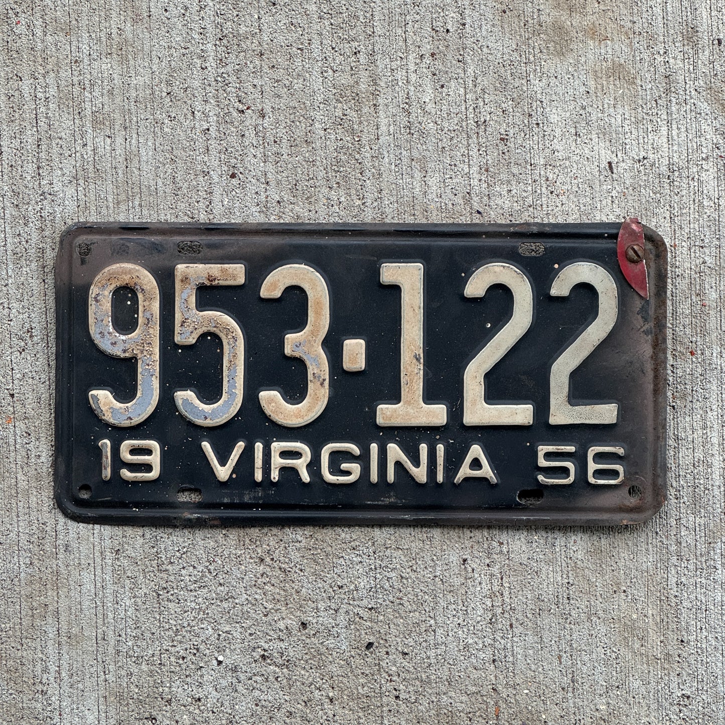 Photo of a 1956 Virginia License Plate Auto Tag Garage Decor Vintage 953 122 with original patina