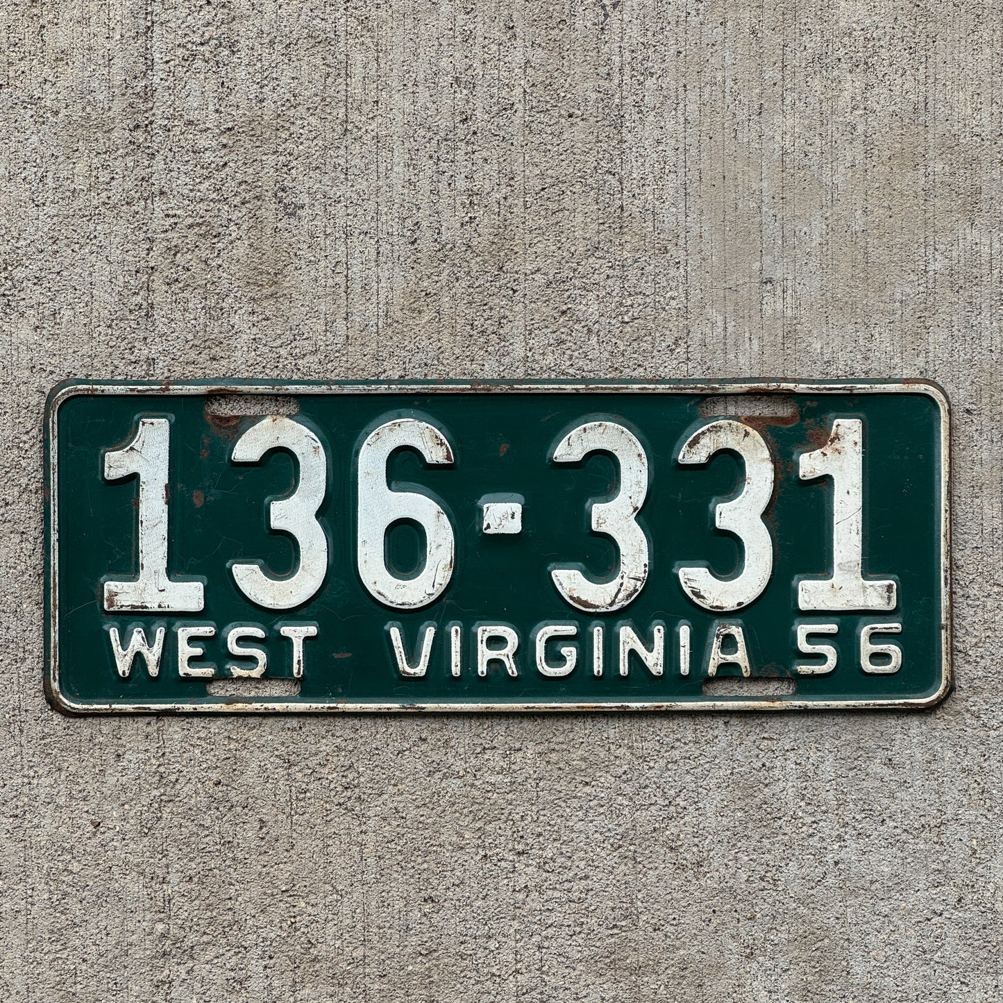 Photo of a 1956 West Virginia License Plate Auto Tag Garage Decor Vintage 136 331 with original patina