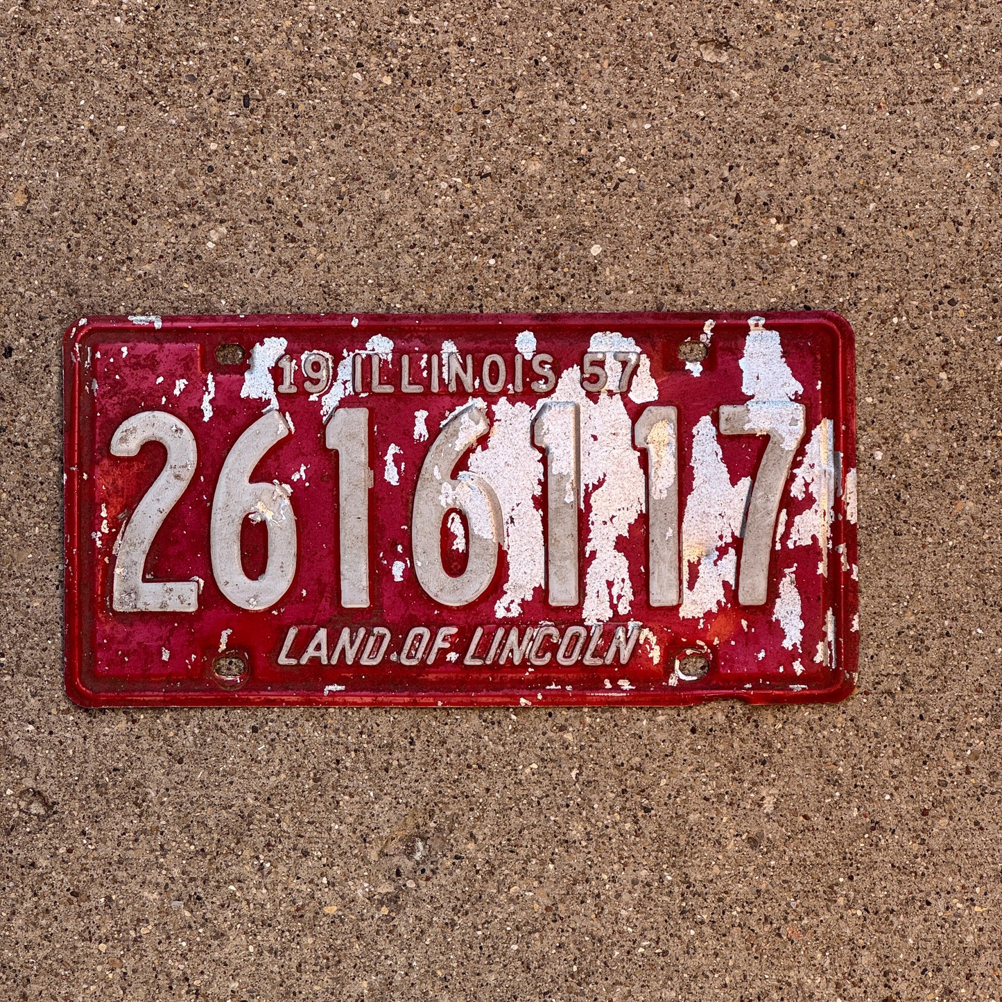 Photo of a 1957 Illinois License Plate Auto Tag 1 Vintage Garage 2 616 117 with original patina