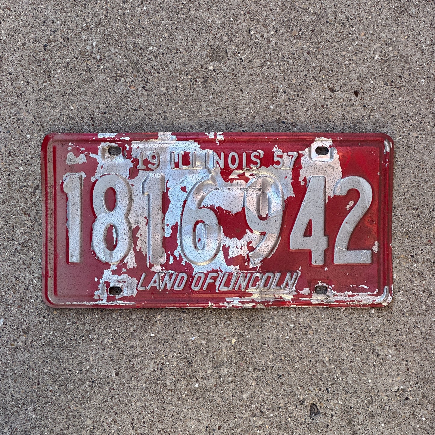Photo of a 1957 Illinois License Plate Auto Tag Garage Decor Vintage 1 816 942 with original patina