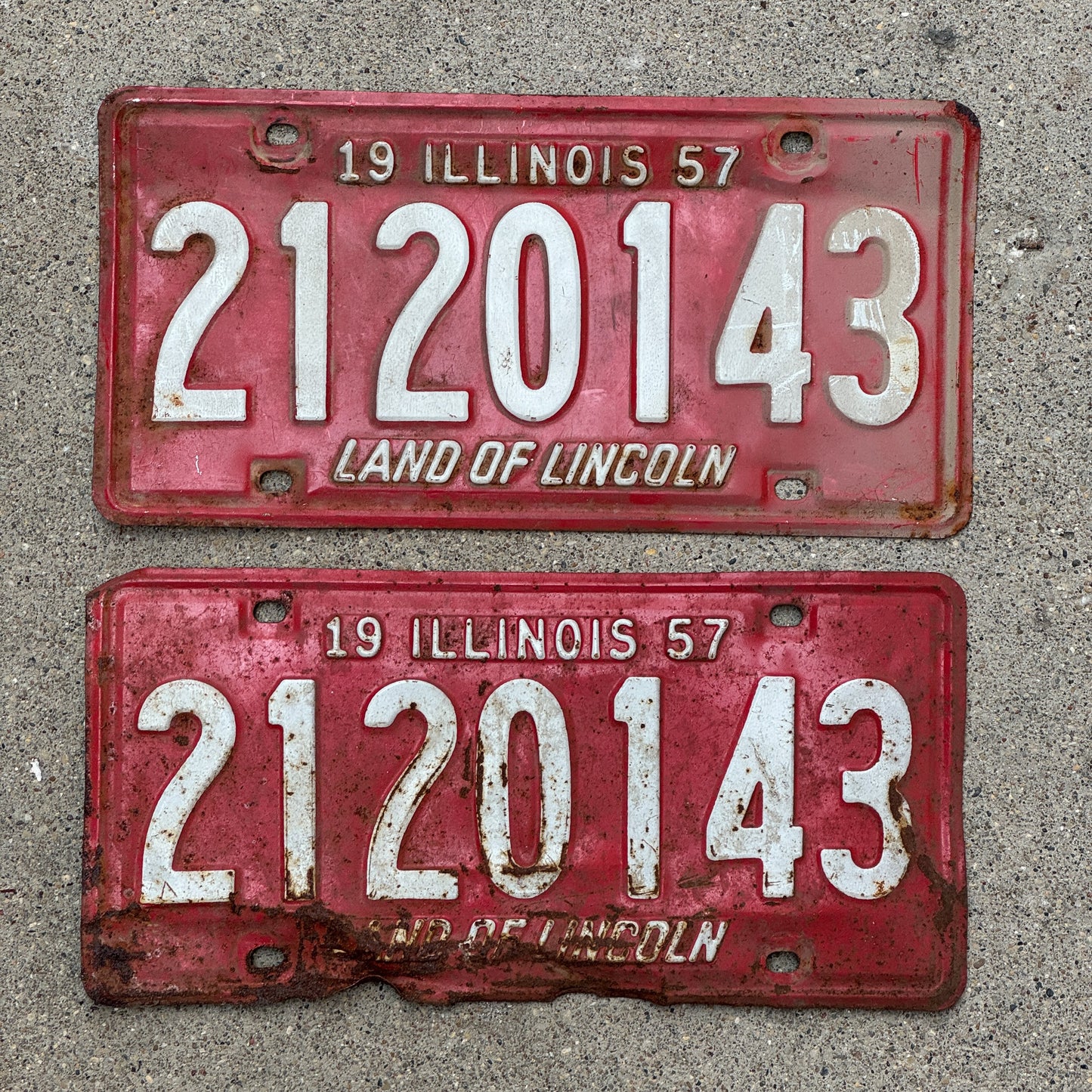 Photo of a 1957 Illinois License Plate Pair Auto Tag Garage Decor Vintage 2 120 143 with original patina