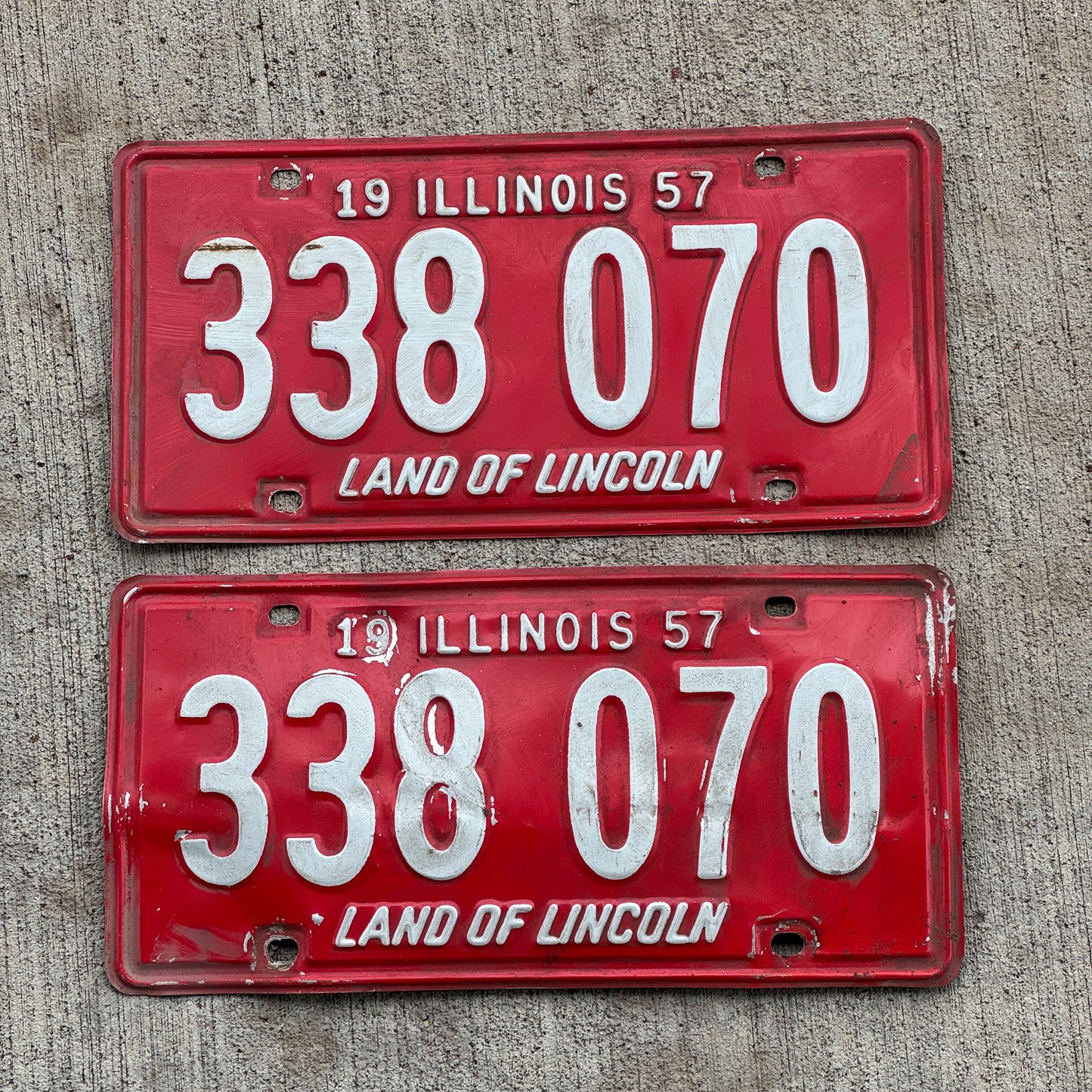 Photo of a 1957 Illinois License Plate Pair Auto Tag Garage Decor Vintage 338 070 with original patina