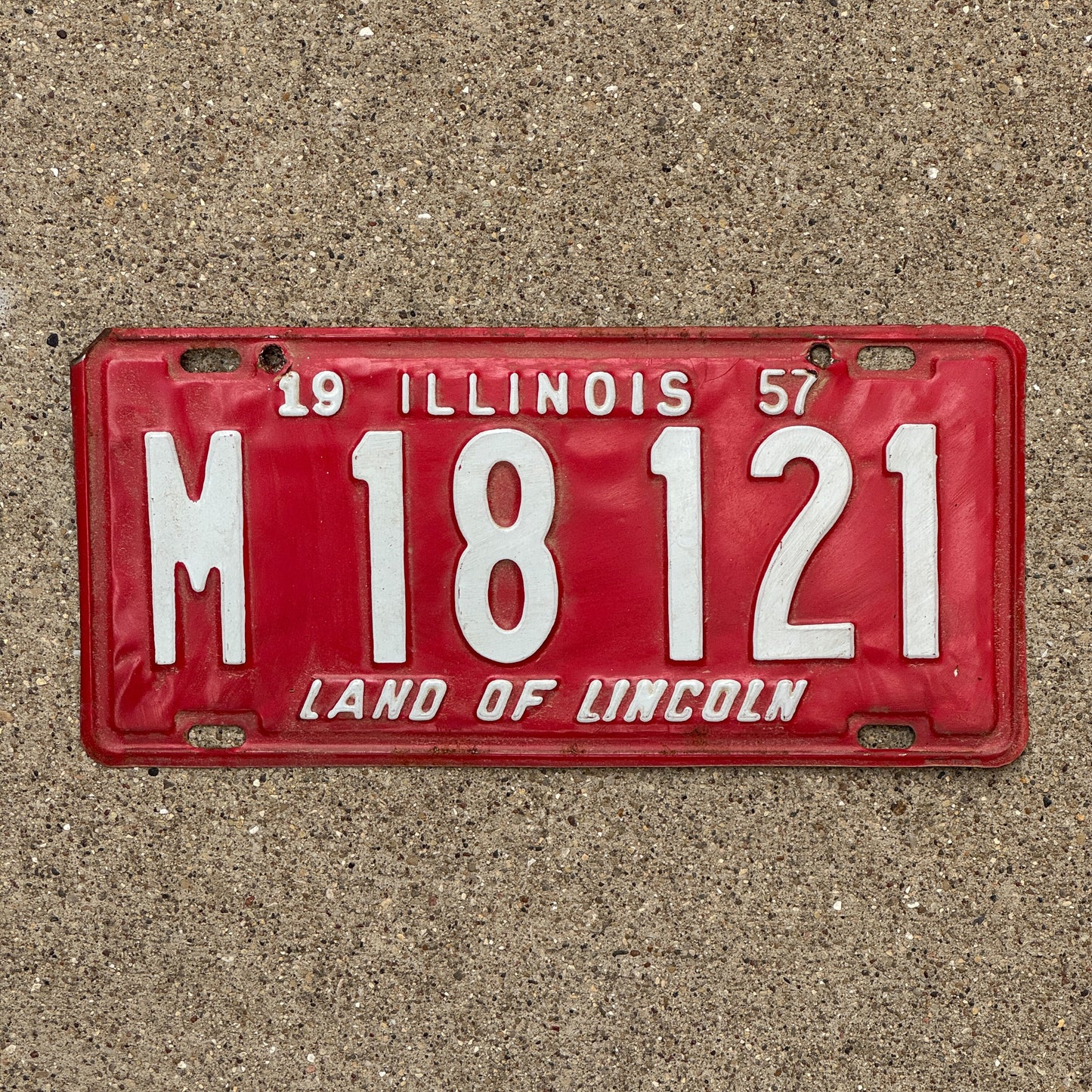 Photo of a 1957 Illinois Municipal License Plate Auto Tag Garage Decor Vintage M 18 121 with original patina