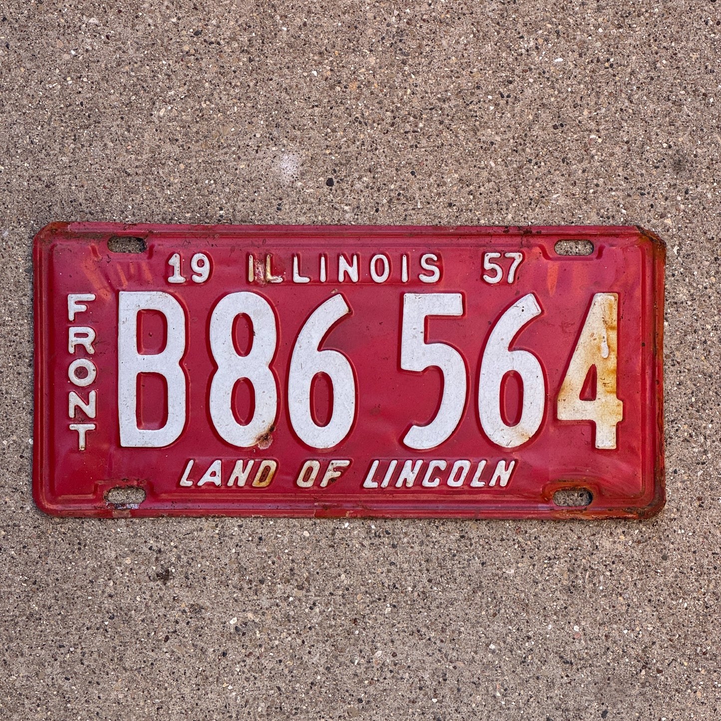 Photo of a 1957 Illinois Truck License Plate Auto Tag Garage Decor Vintage Front Plate B 86 564 with original patina