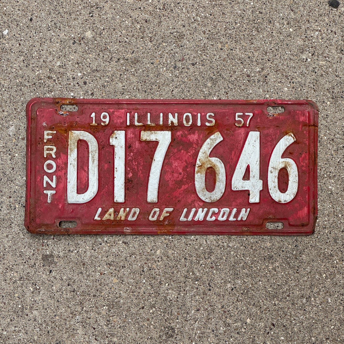 Photo of a 1957 Illinois Truck License Plate Auto Tag Garage Decor Vintage Front Plate D 17 646 with original patina