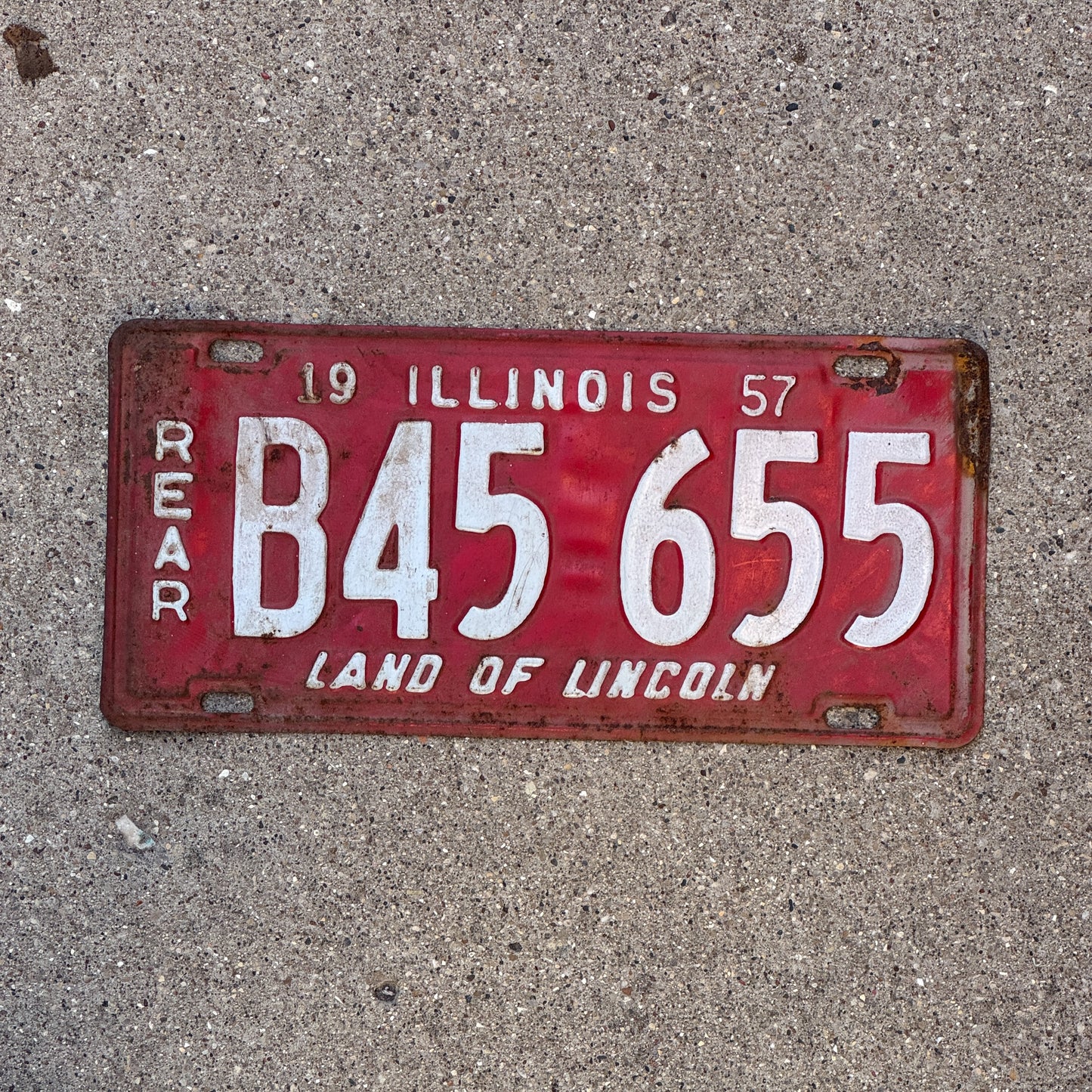 Photo of a 1957 Illinois Truck License Plate Auto Tag Garage Decor Vintage Rear Plate B 45 655 with original patina