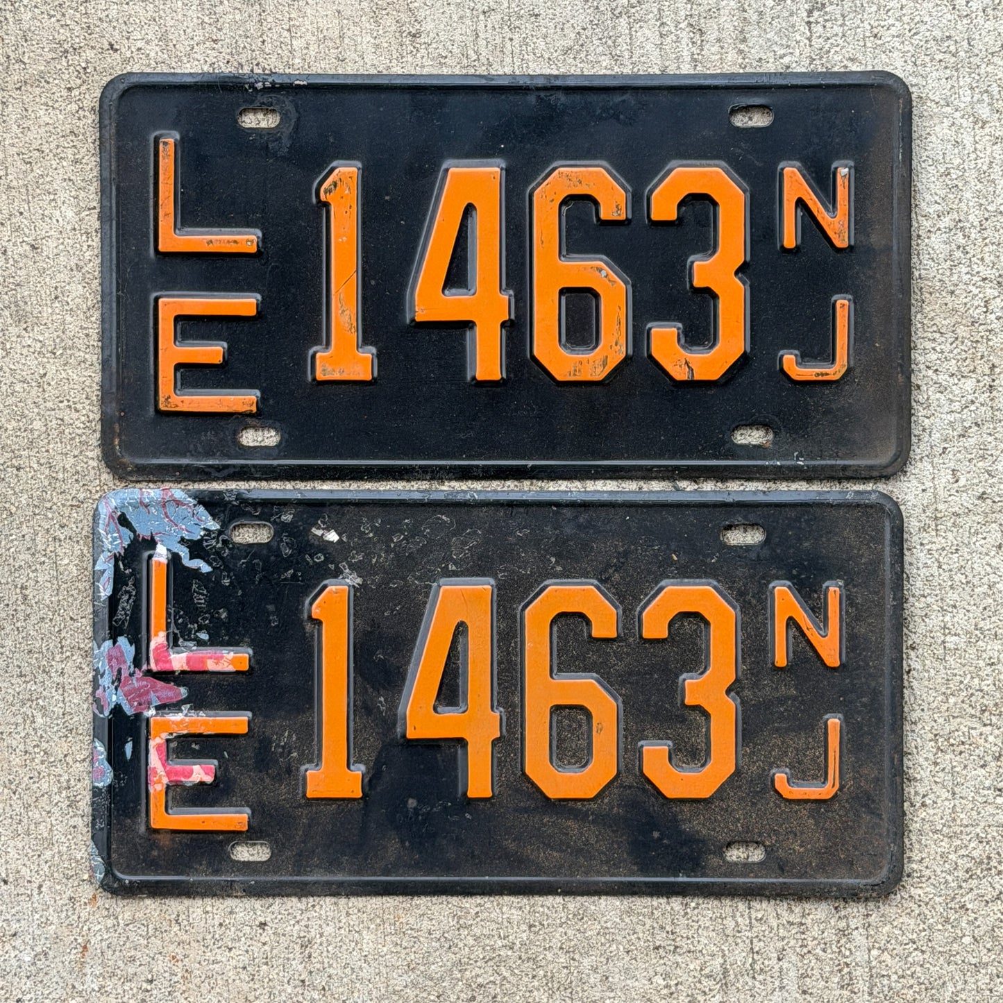 Photo of a 1957 New Jersey License Plate Pair Auto Tag Garage Decor Vintage LE 1463 with original patina