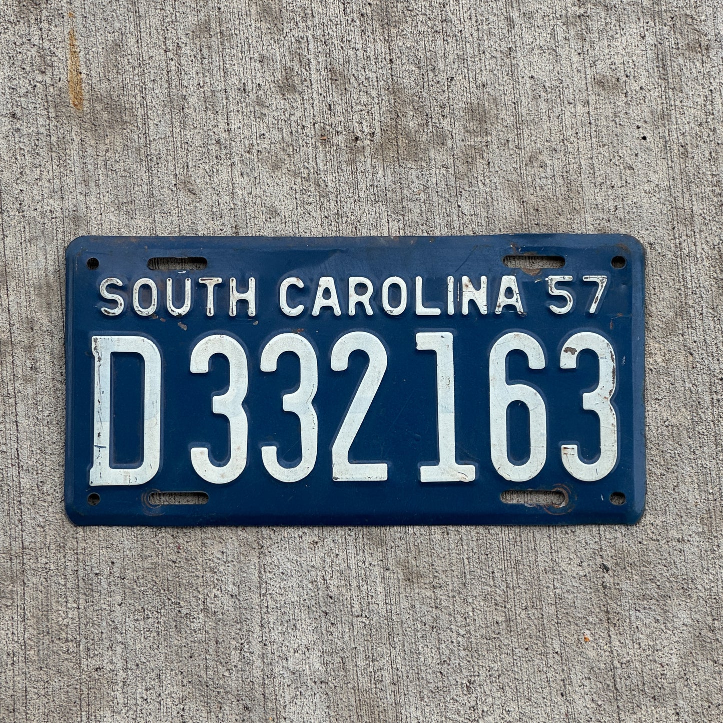 Photo of a 1957 South Carolina License Plate Auto Tag Garage Decor Vintage D 332 163 with original patina