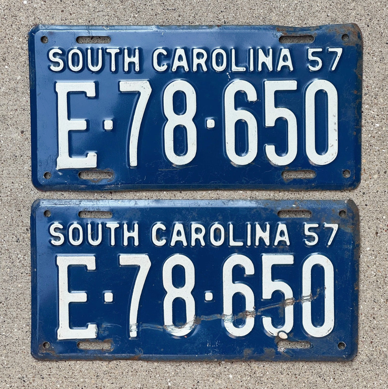 Photo of a 1957 South Carolina License Plate Pair Auto Tag Garage Decor Vintage E 78 650 with original patina
