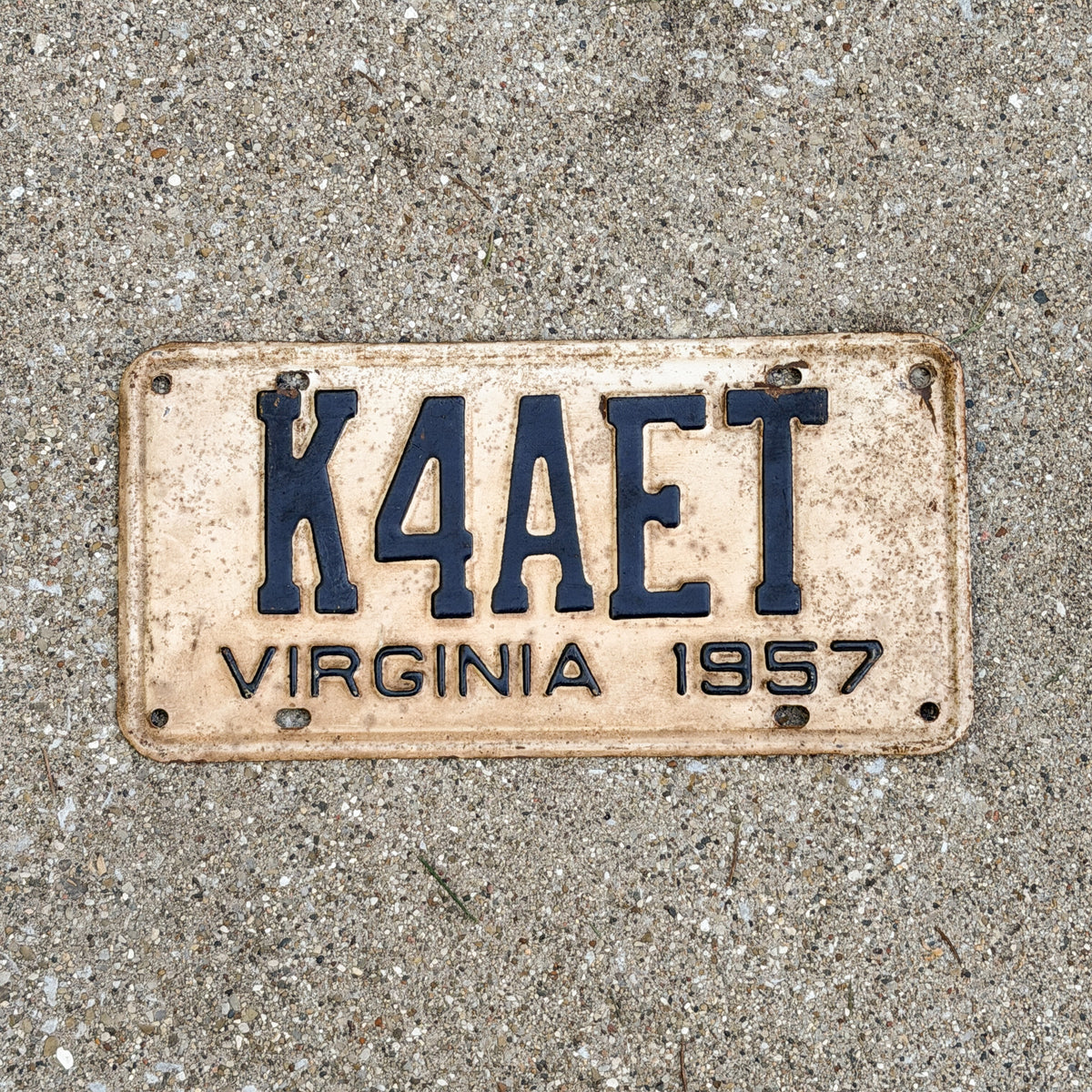 Photo of a 1957 Virginia HAM Radio License Plate Auto Tag Garage Decor Vintage K4AET with original patina