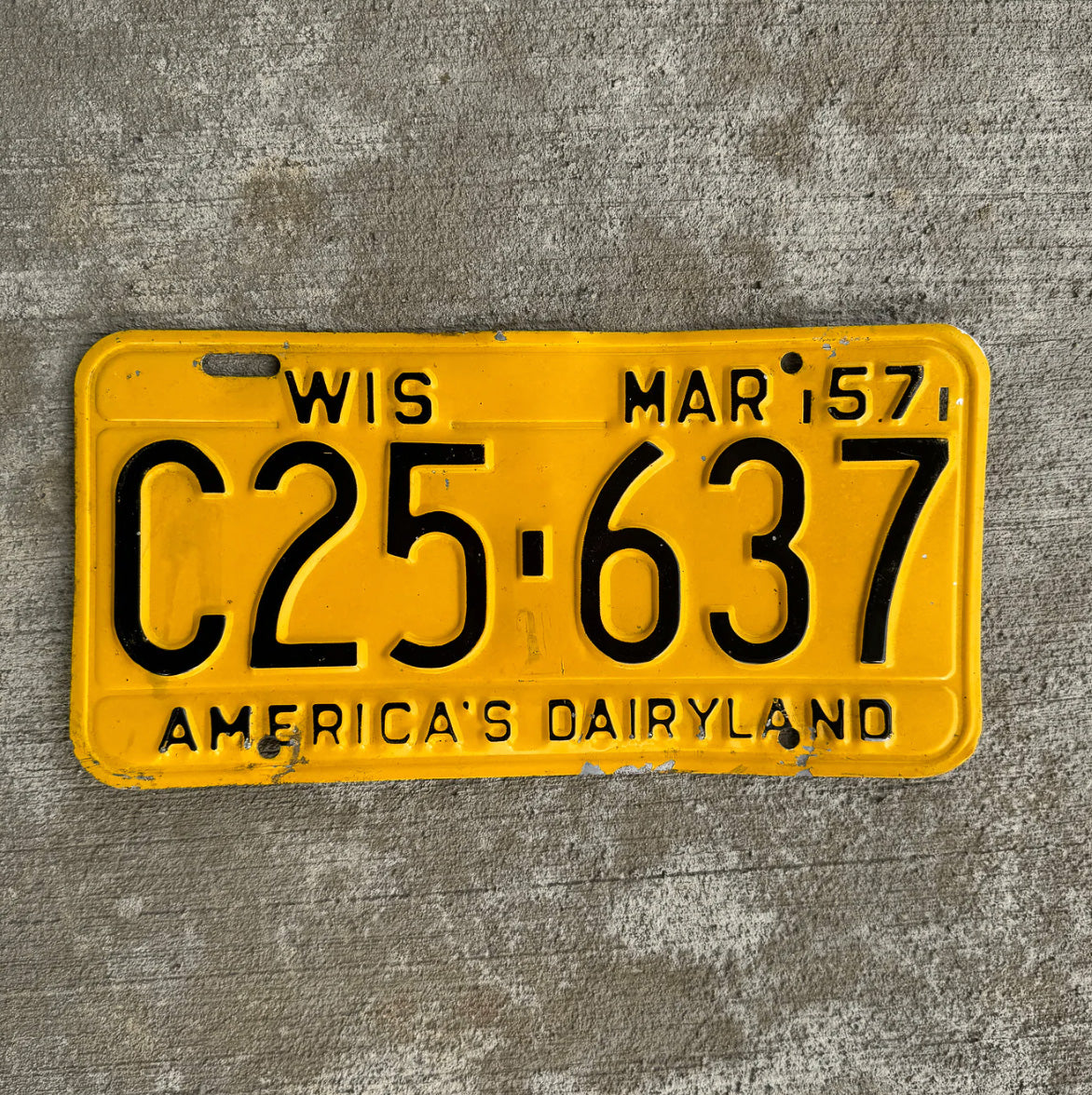 Photo of a 1957 Wisconsin License Plate Auto Tag Garage Decor Vintage C 25 637 with original patina