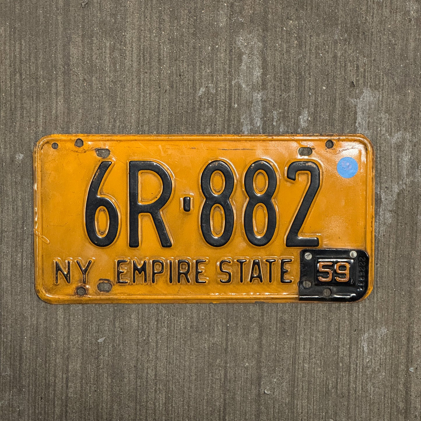 Photo of a 1958 1959 New York License Plate Auto Tag Garage Decor Vintage 6R 882 with original patina