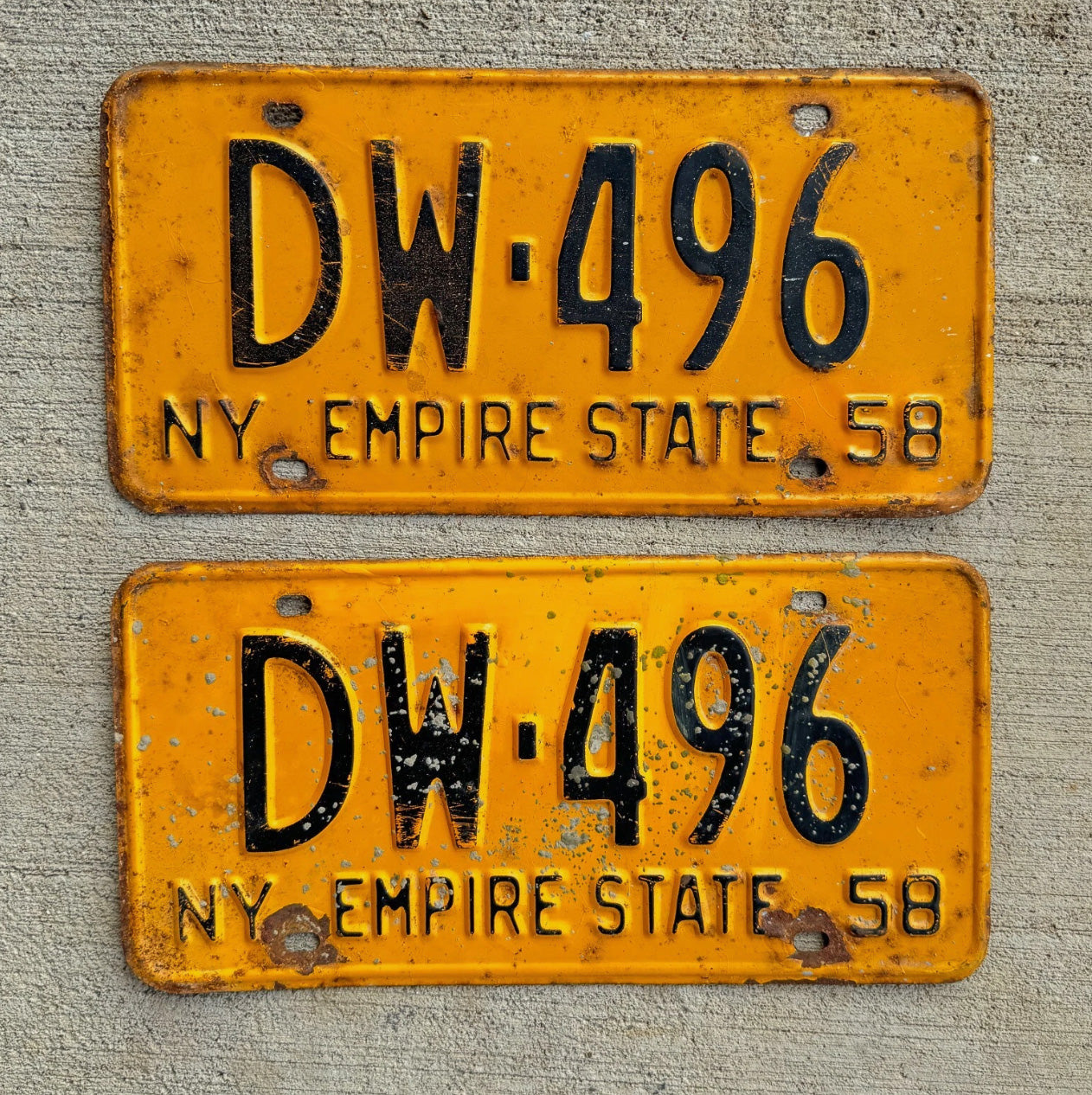 Photo of a 1958 1959 New York License Plate Pair Auto Tag Garage Decor Vintage Classic Car DW 496