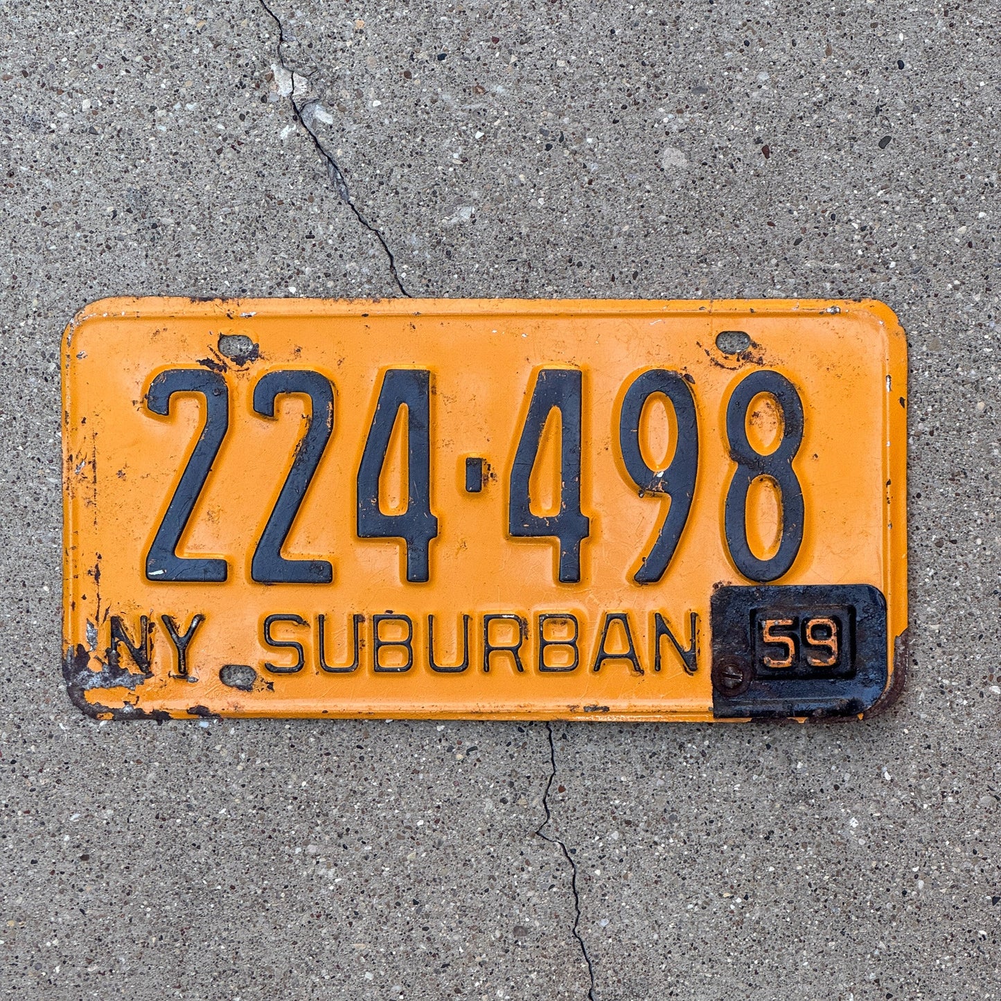Photo of a 1958 1959 New York Suburban License Plate Auto Tag Garage Decor Vintage 224 498