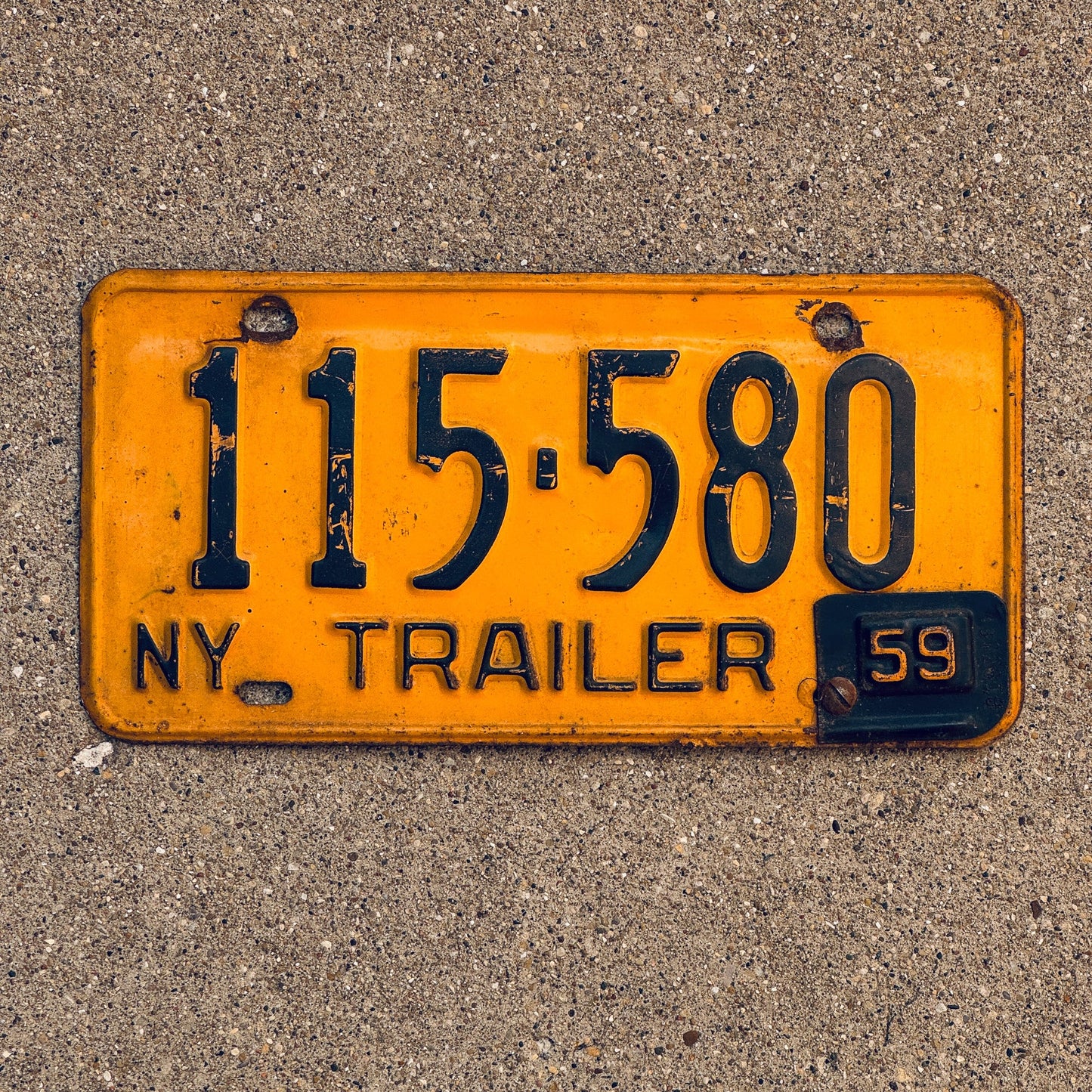 Photo of a 1958 1959 New York TRAILER License Plate Auto Tag Garage Decor Vintage Builder Construction 115 580