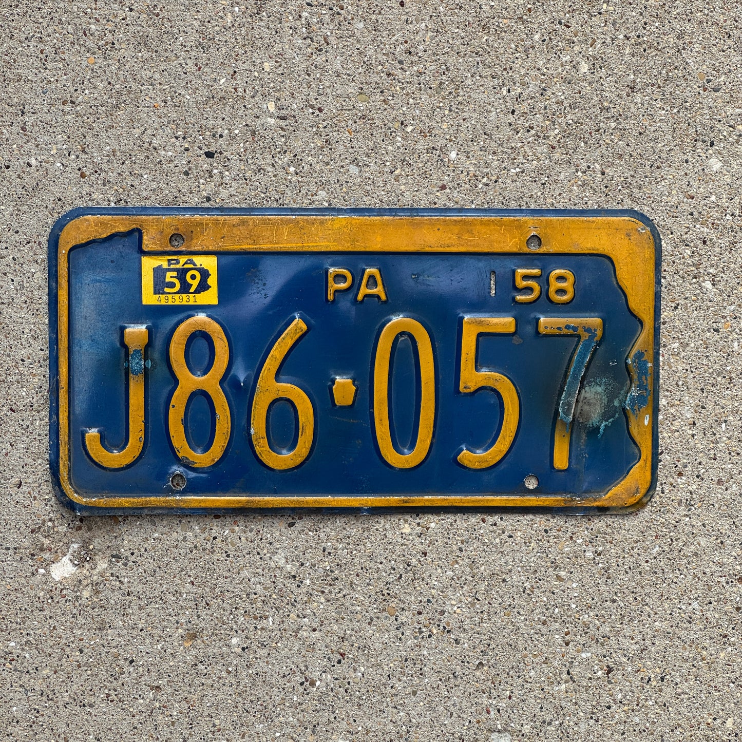 Photo of a 1958 1959 Pennsylvania License Plate Auto Tag Garage Decor Vintage J86 057 with original patina