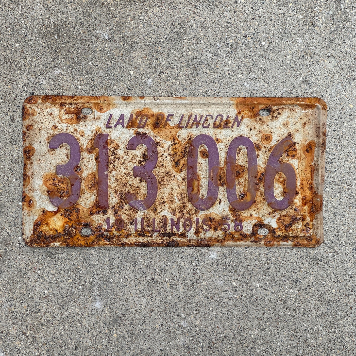 Photo of a 1958 Illinois License Plate Auto Tag Garage Decor Vintage 313 006 with original patina