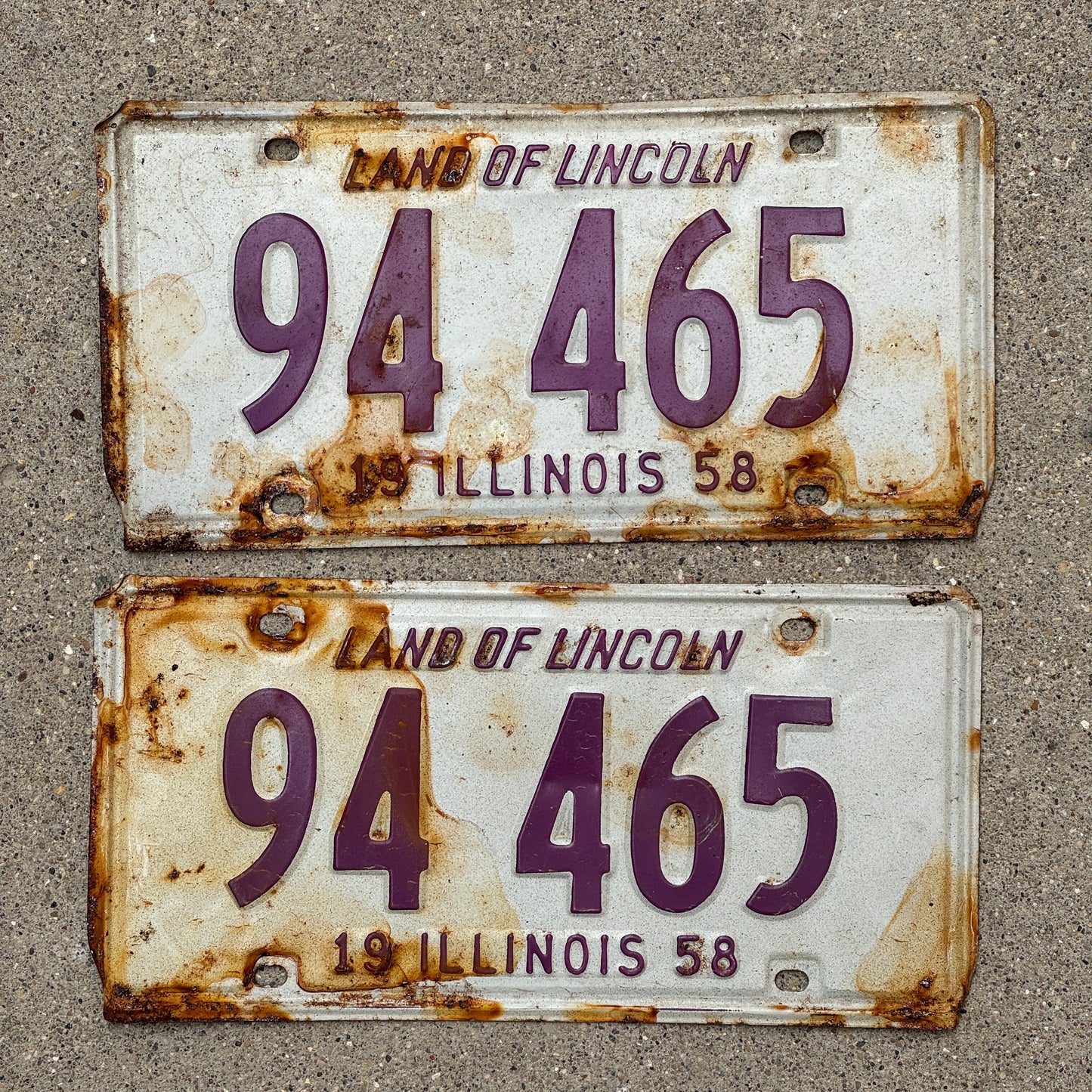 Photo of a 1958 Illinois License Plate Pair Auto Tag Garage Decor Vintage 94 465 with original patina