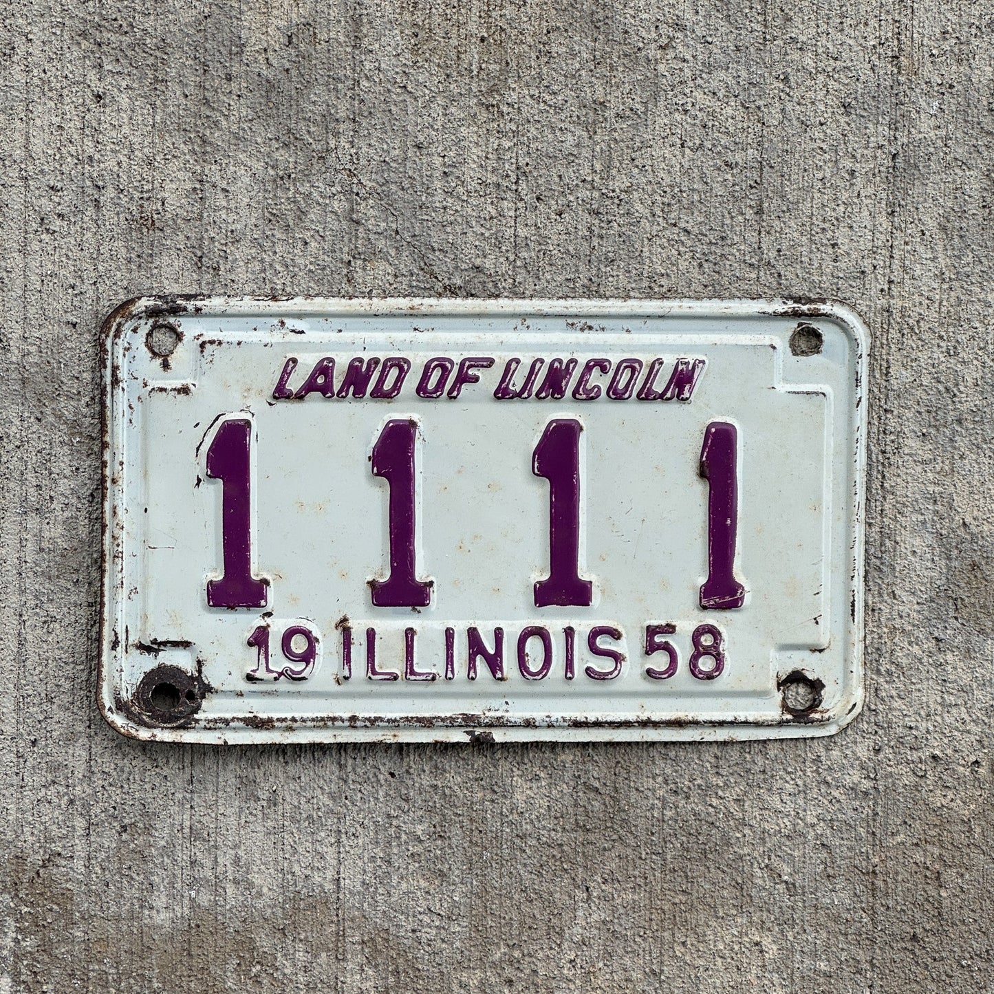 Photo of a 1958 Illinois Motorcycle License Plate Auto Tag 1 Garage Decor Repeat Repeating 1111 with original patina
