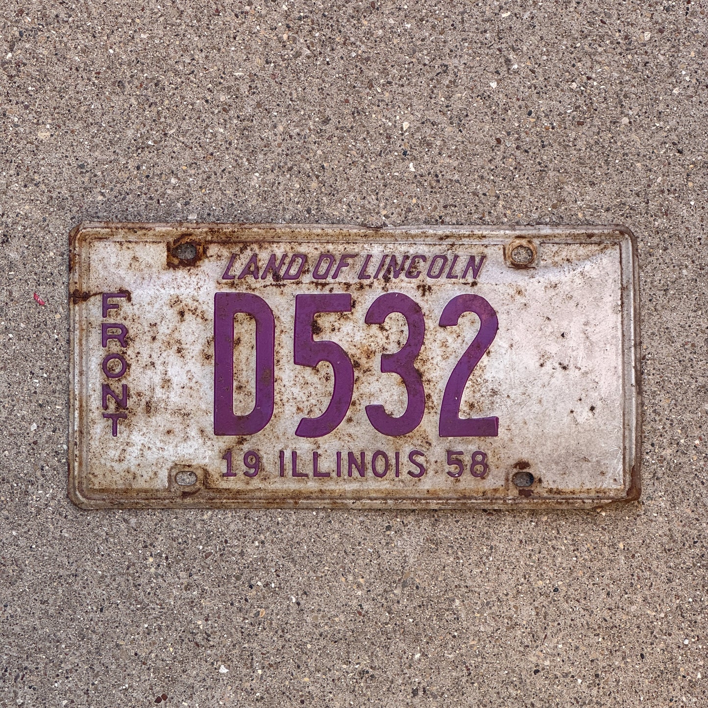 Photo of a 1958 Illinois Truck License Plate Auto Tag Garage Decor Vintage Front Plate D 532 with original patina
