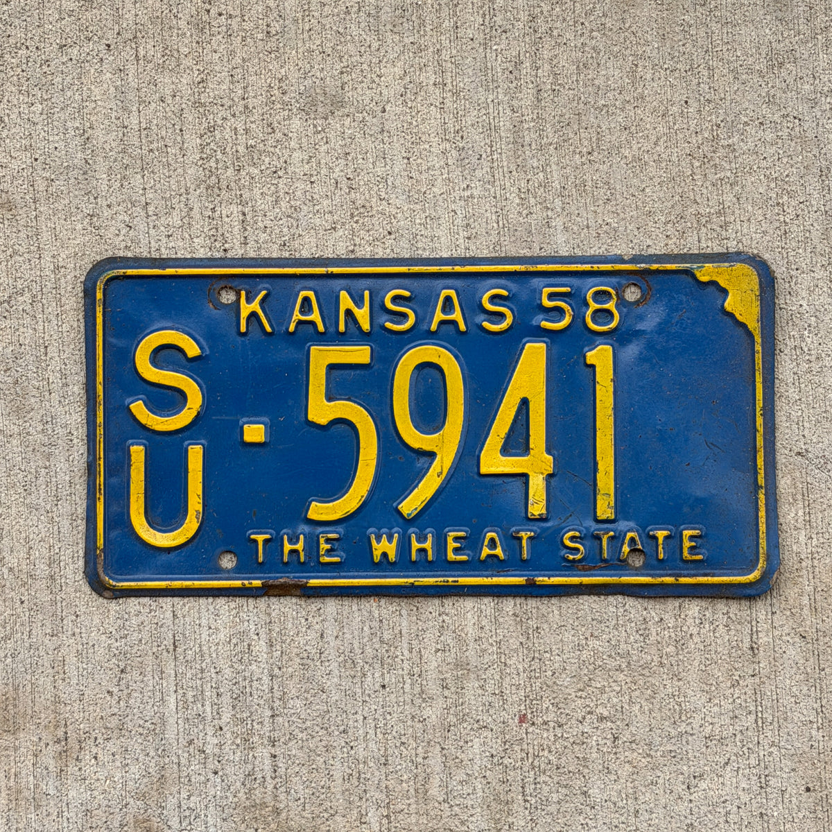 Photo of a 1958 Kansas License Plate Auto Tag Garage Decor Vintage SU 5941 with original patina
