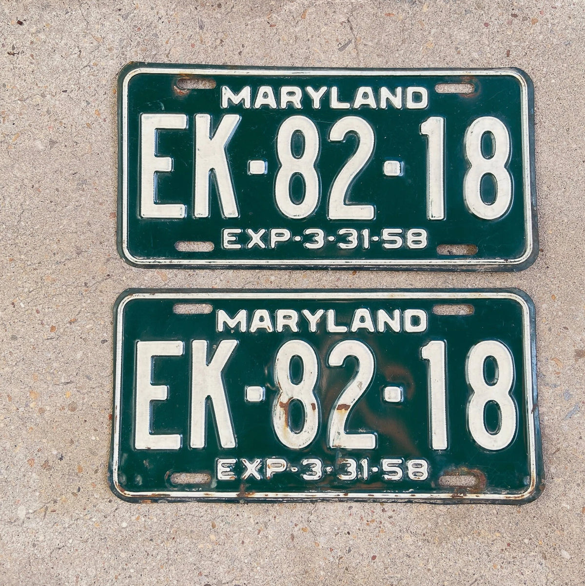 1958 Maryland License Plate Pair Auto Tag EK 8218