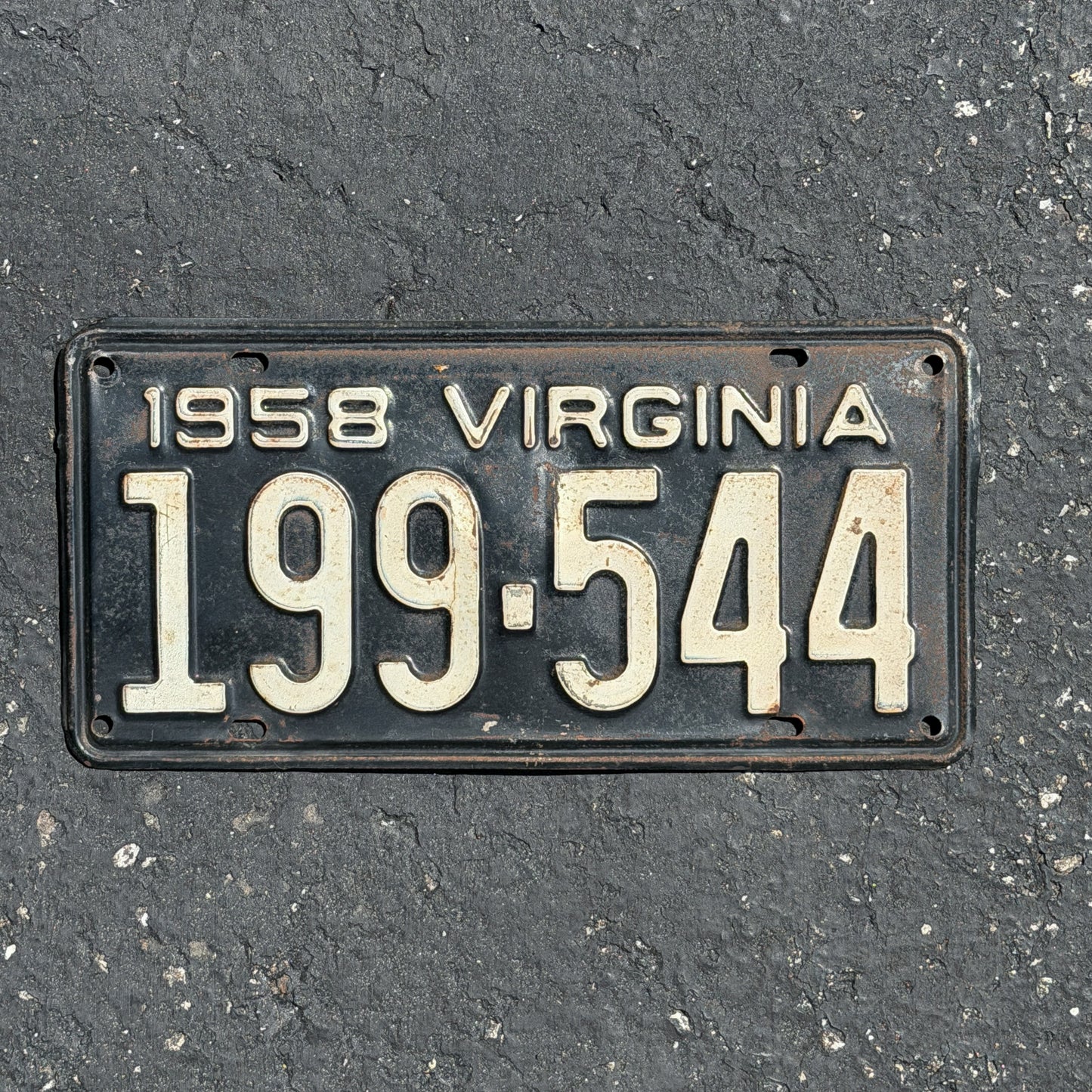 Photo of a 1958 Virginia License Plate Auto Tag Garage Decor Vintage 199 544 with original patina