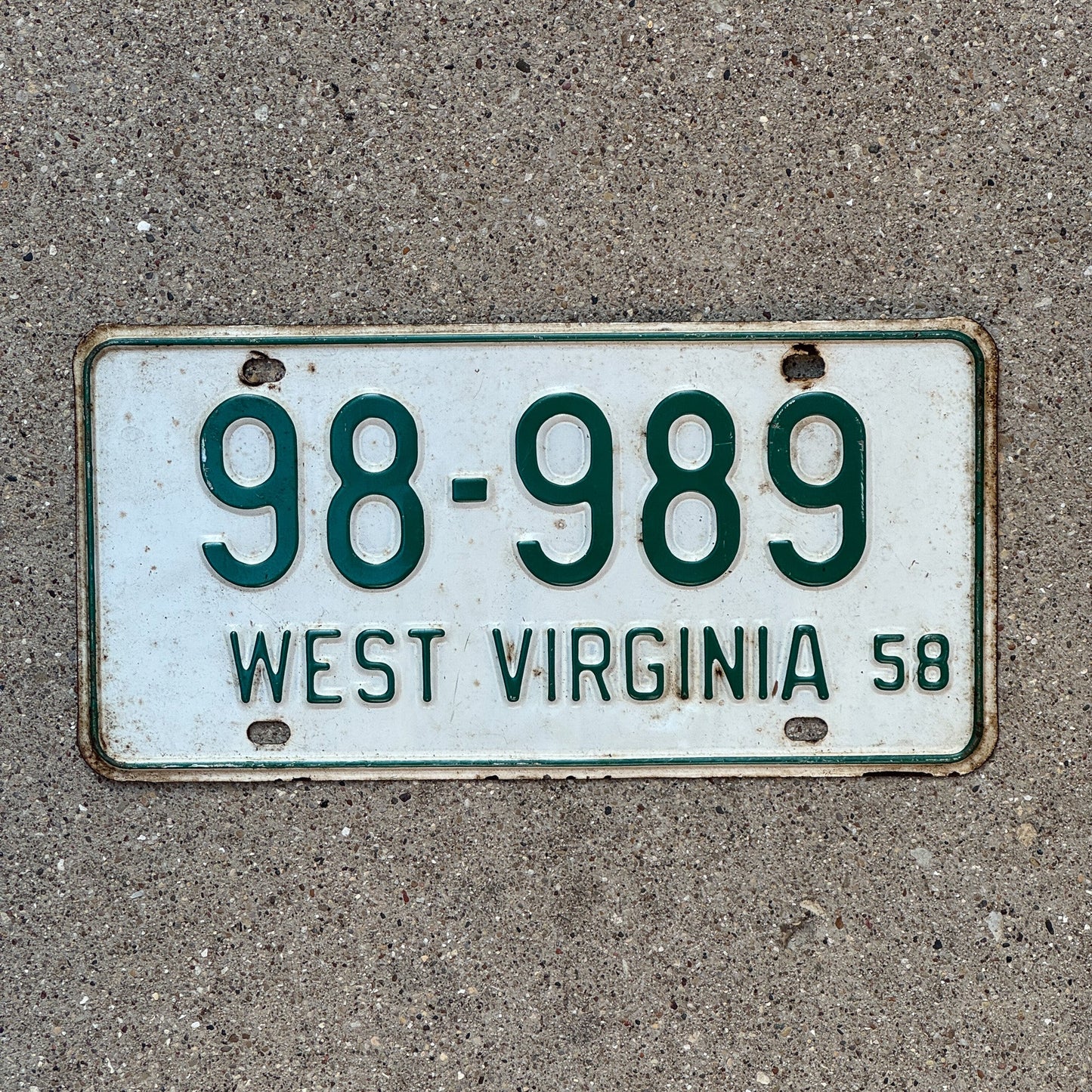 Photo of a 1958 West Virginia License Plate Auto Tag Garage Decor Vintage Palindrome 98 989