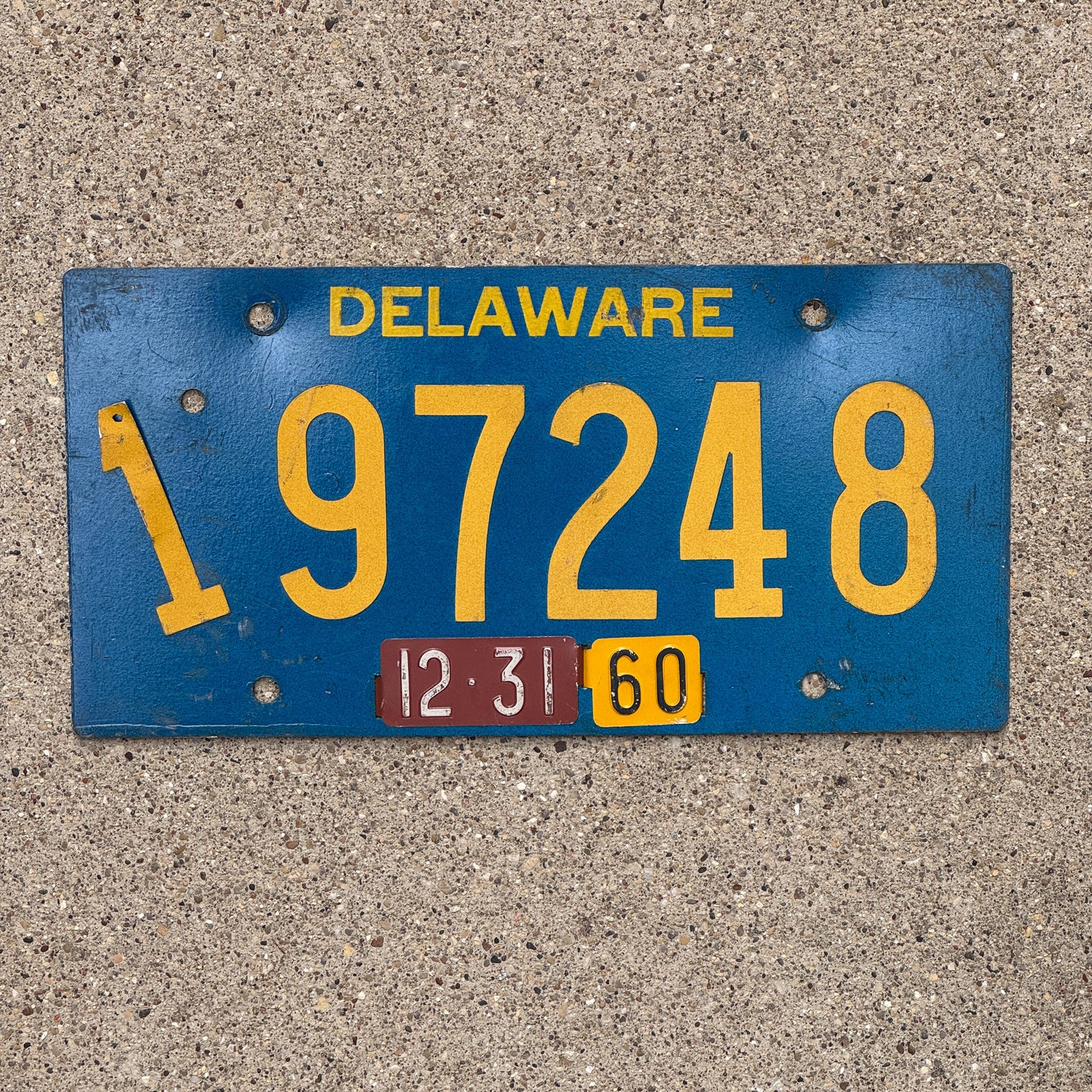 Photo of a 1959 1960 Delaware License Plate Auto Tag Garage Decor Vintage Riveted 197248 with original patina