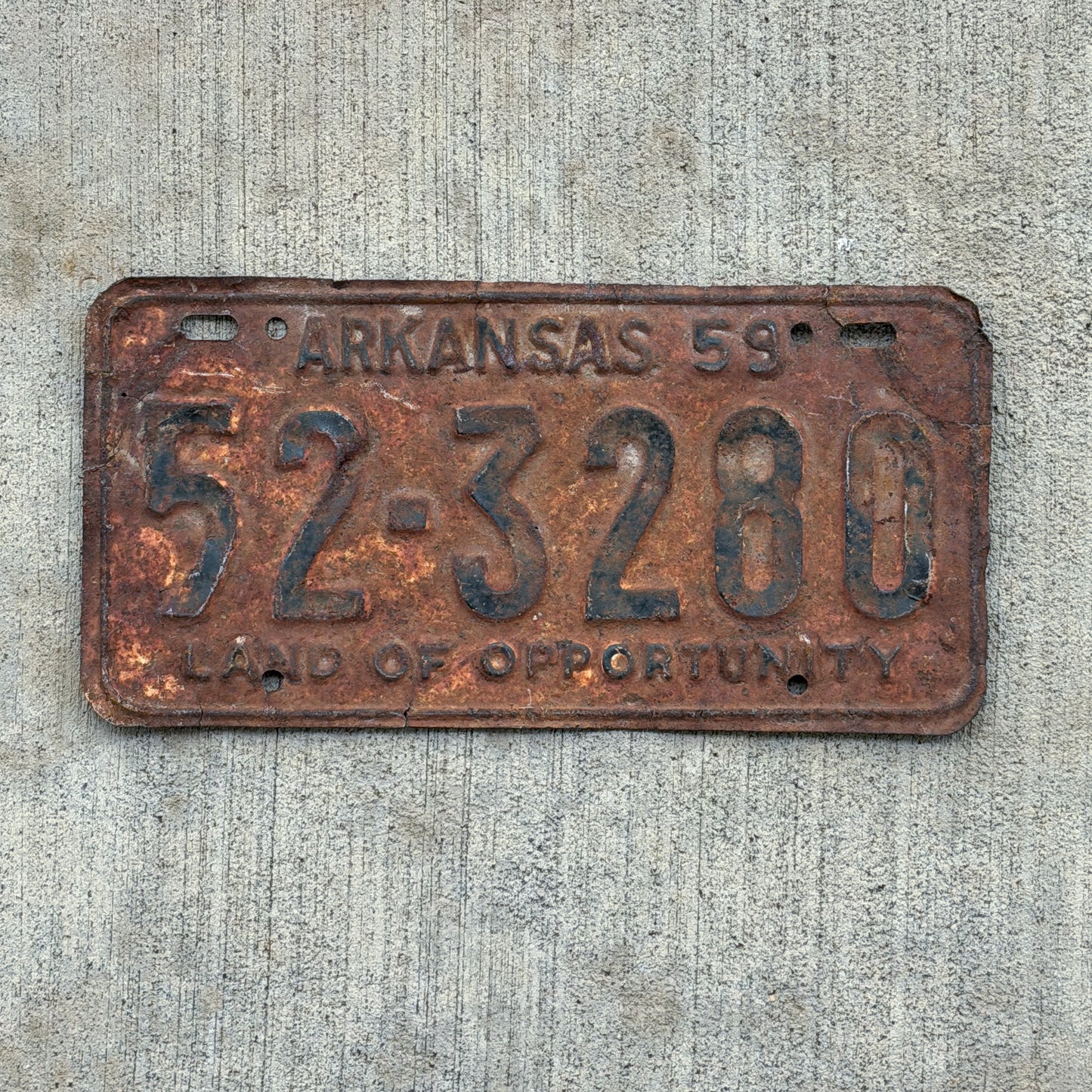 Photo of a 1959 Arkansas License Plate Auto Tag Garage Decor Vintage 52 3280 with original patina