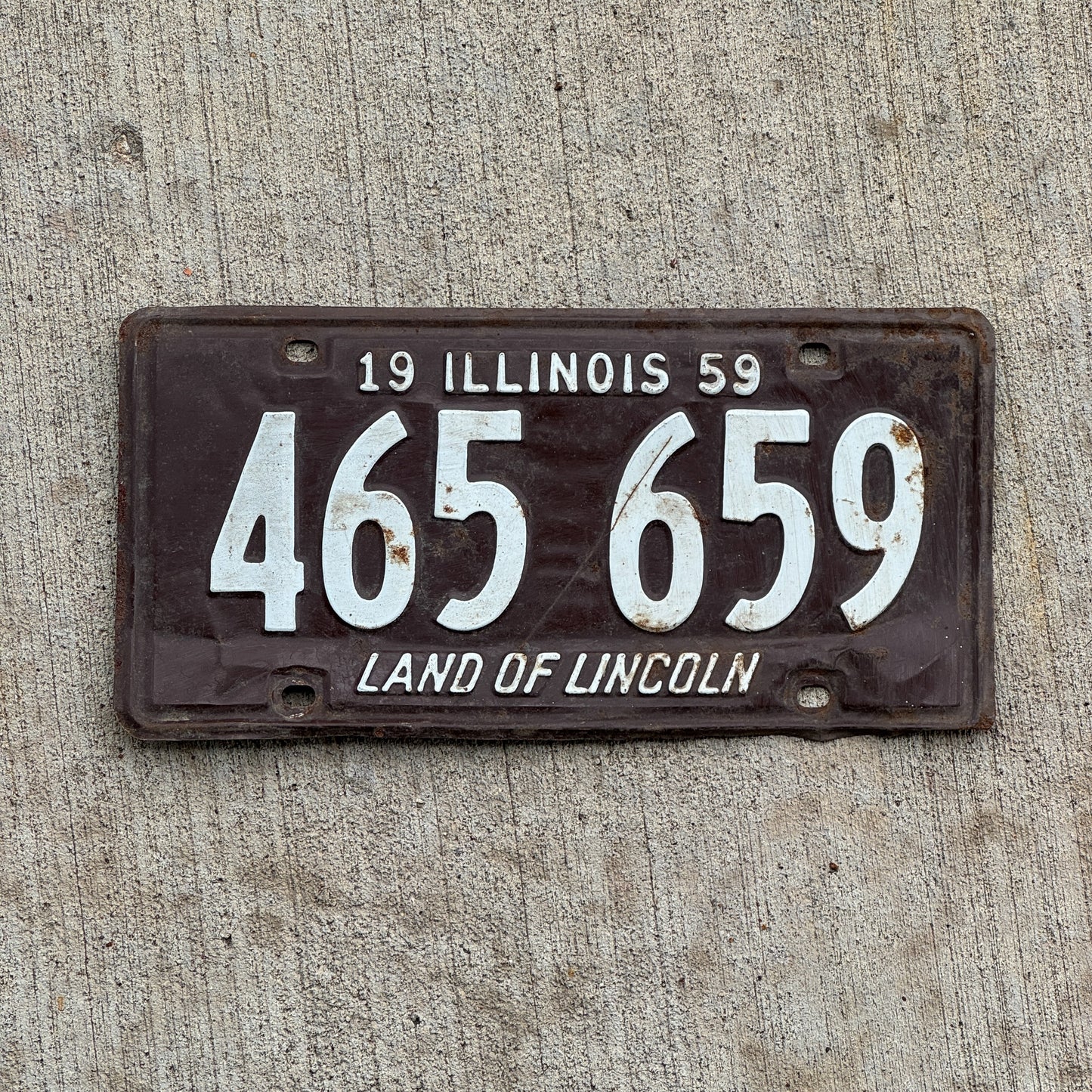 Photo of a 1959 Illinois License Plate Auto Tag 2 Vintage Garage 465 659 with original patina