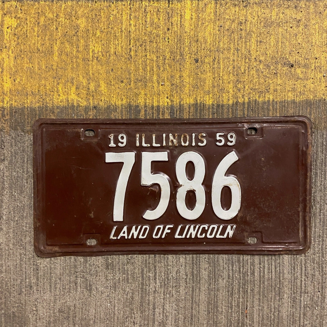 Photo of a 1959 Illinois License Plate Auto Tag Garage Decor Vintage Low Number Four Digit Car 7586