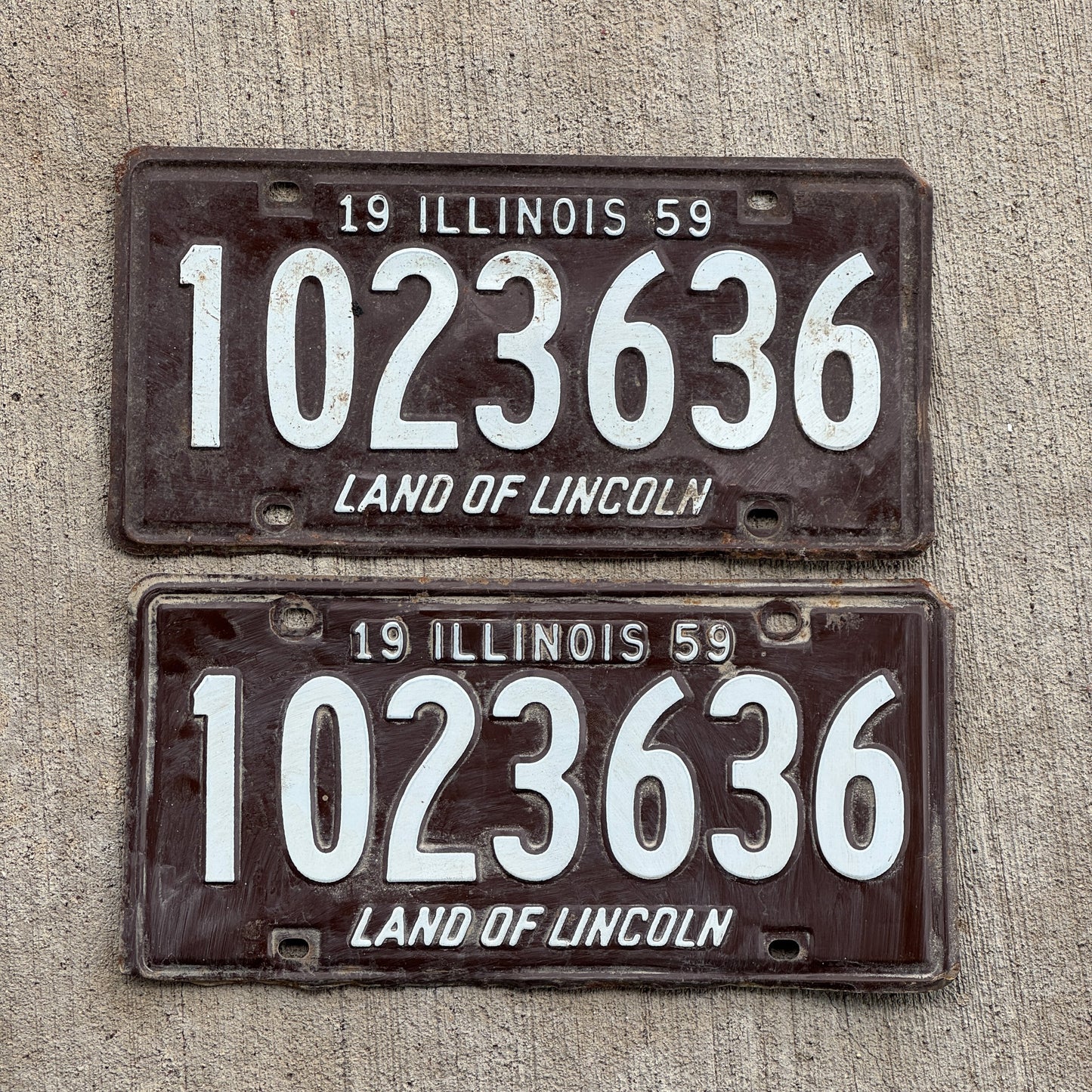 Photo of a 1959 Illinois License Plate Pair Auto Tag Garage Decor Vintage 1 023 636 with original patina