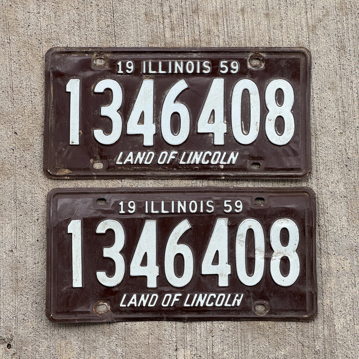 Photo of a 1959 Illinois License Plate Pair Auto Tag Garage Decor Vintage 1 346 408 with original patina