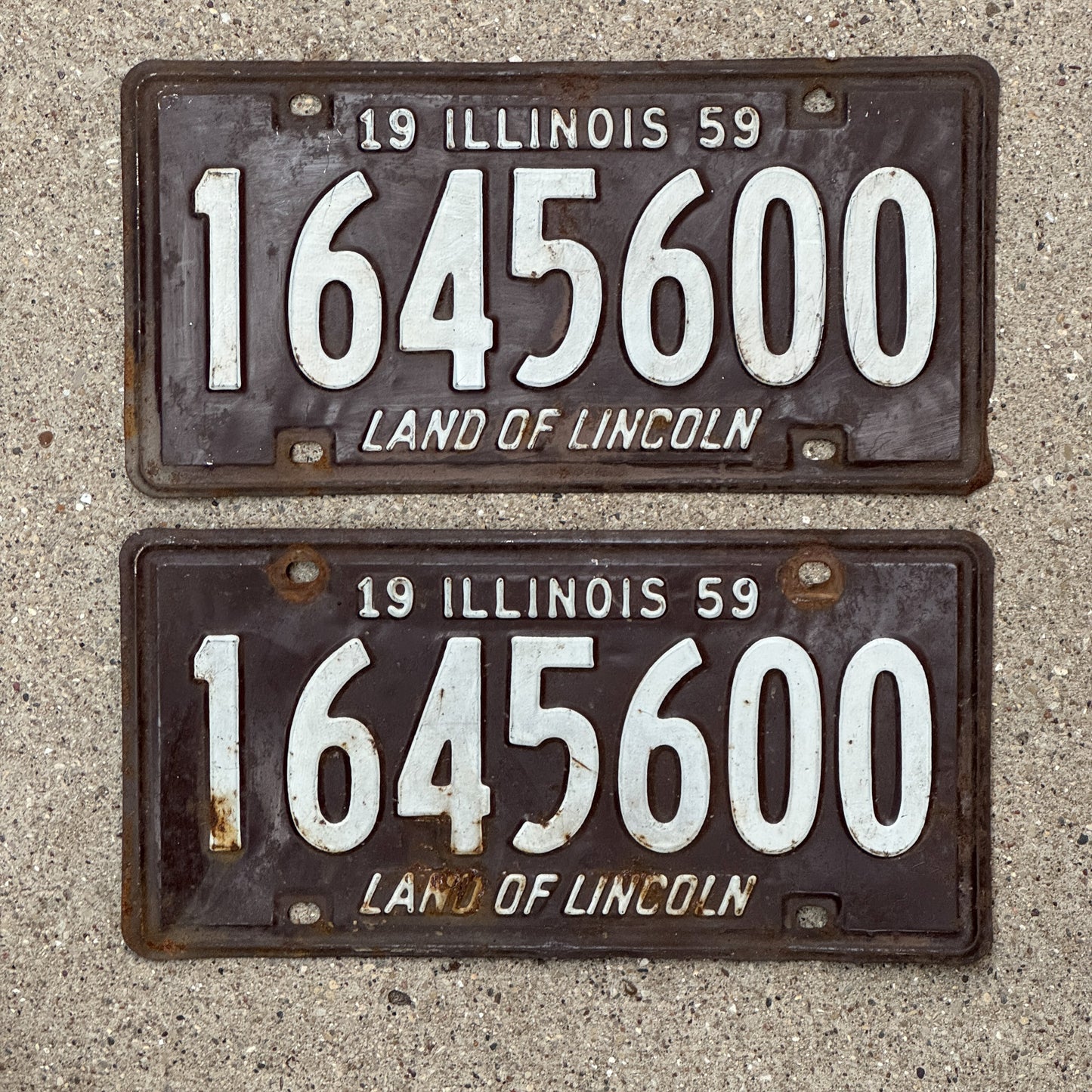 Photo of a 1959 Illinois License Plate Pair Auto Tag Garage Decor Vintage 1 645 600 with original patina
