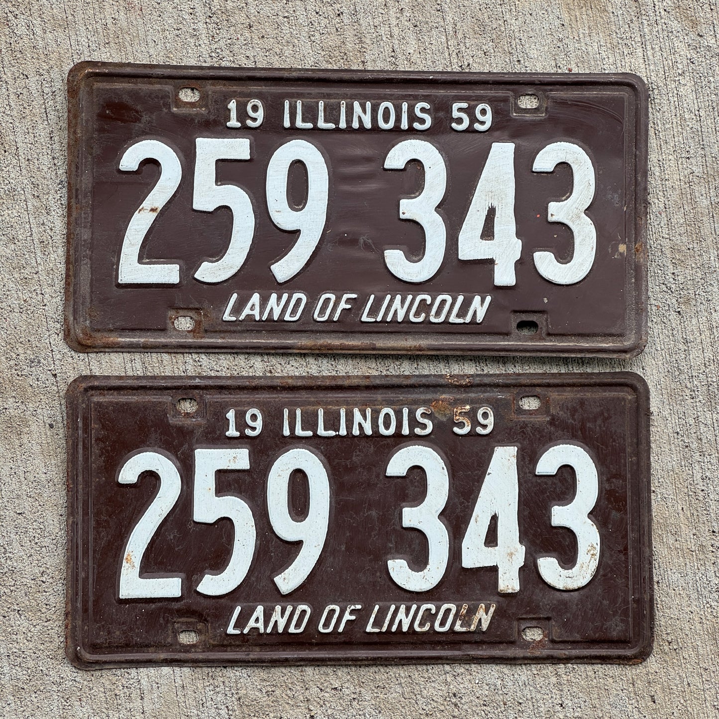 Photo of a 1959 Illinois License Plate Pair Auto Tag Garage Decor Vintage 259 343 with original patina