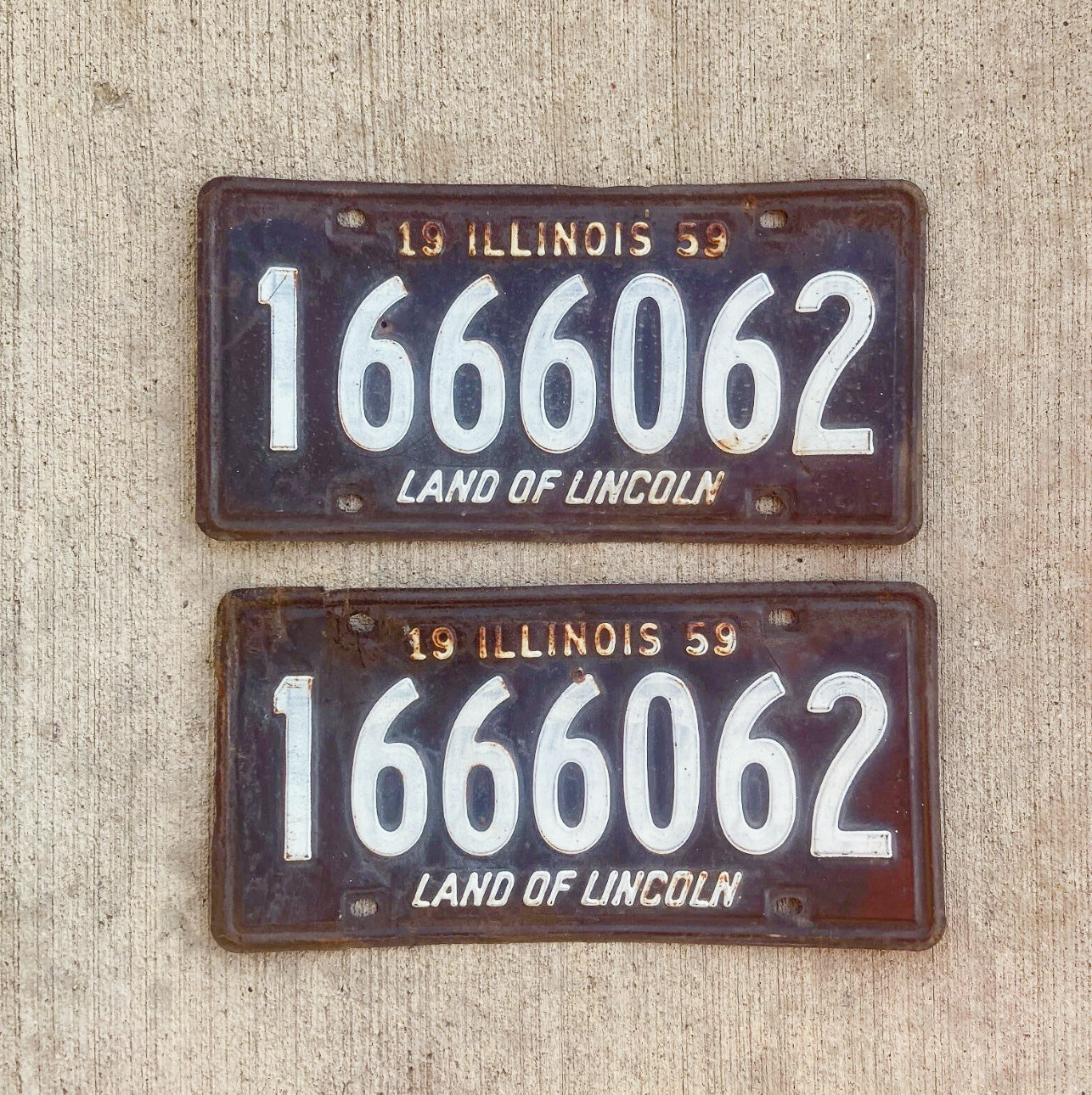 Photo of a 1959 Illinois License Plate Pair Auto Tag Garage Decor Vintage 666 Devil Evil 1666062 with original patina