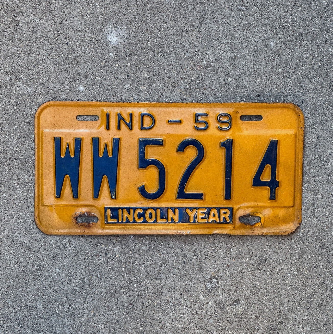 Photo of a 1959 Indiana License Plate Auto Tag Garage Decor Vintage WW 5214