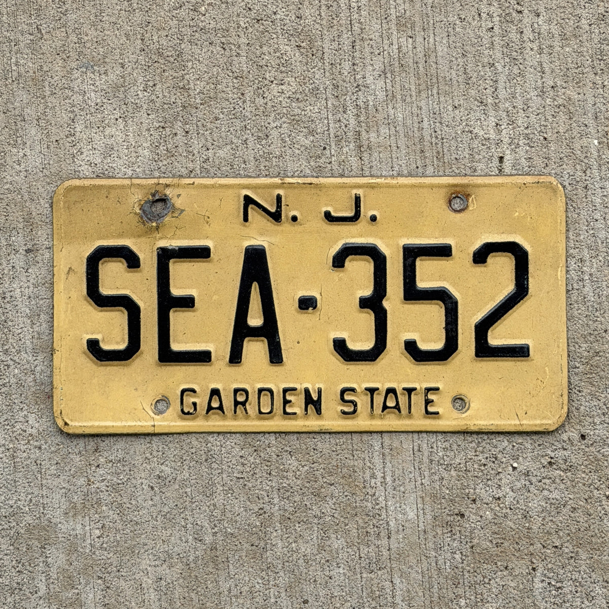Photo of a 1959 New Jersey License Plate Auto Tag Garage Decor Vintage Beach House Decor SEA 352 with original patina