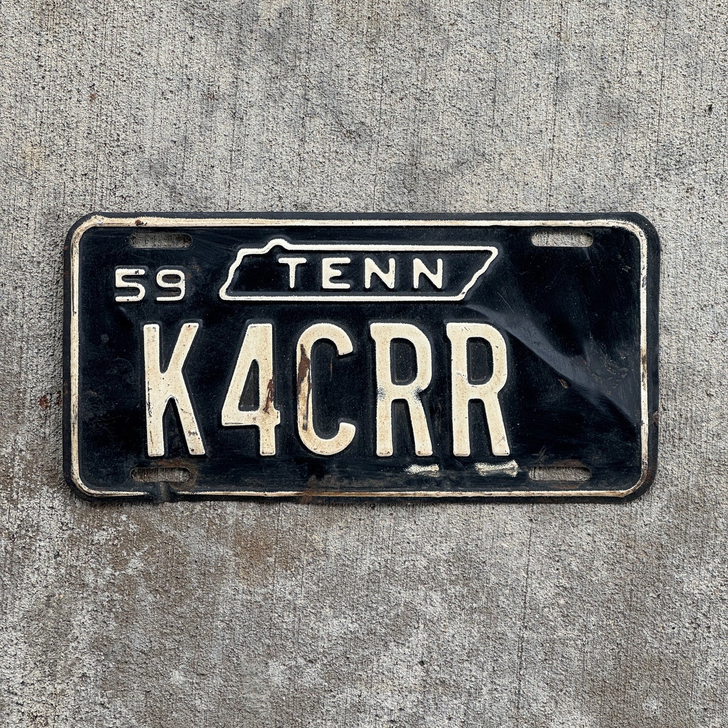 Photo of a 1959 Tennessee HAM Radio License Plate Auto Tag 1 Garage Decor K4CRR with original patina