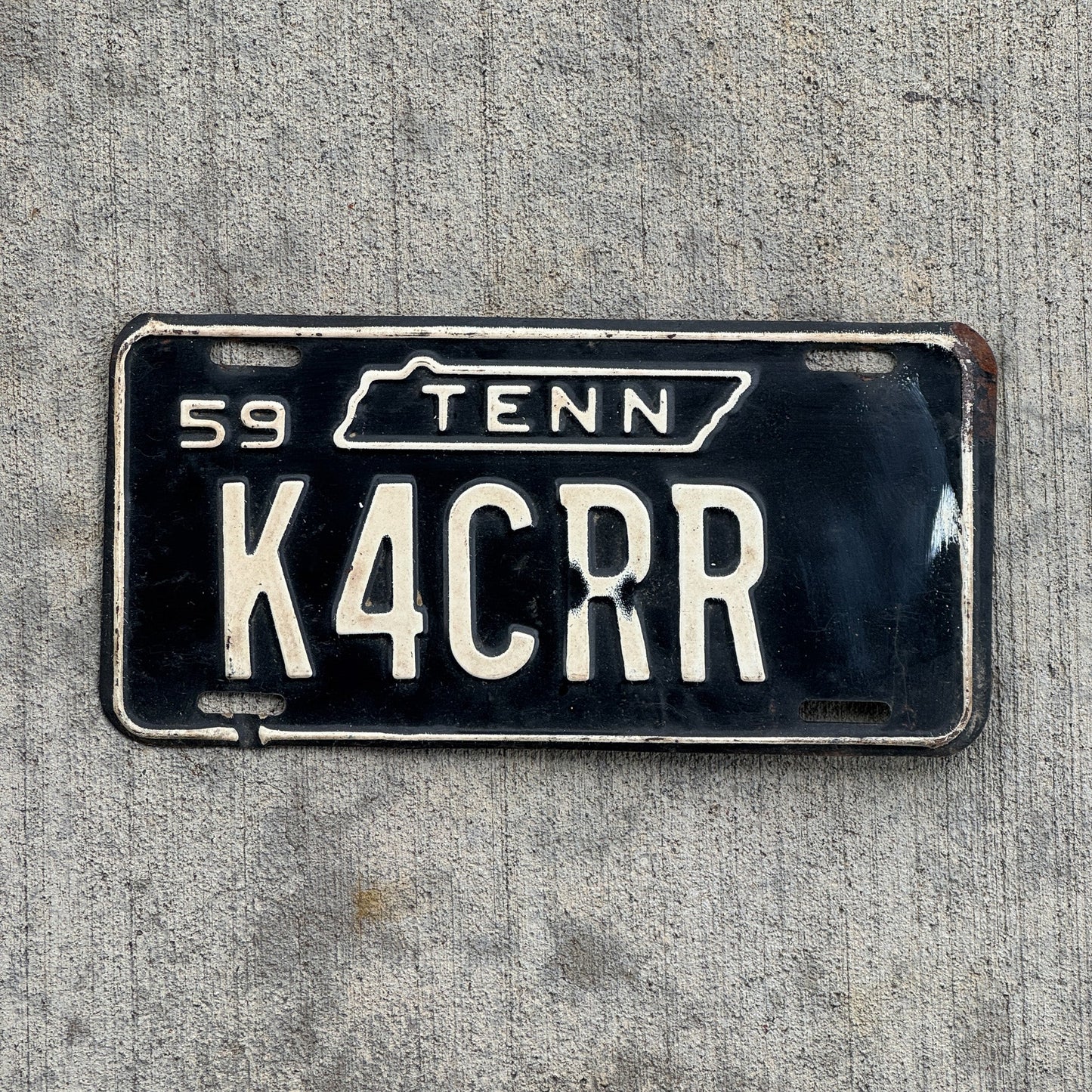 Photo of a 1959 Tennessee HAM Radio License Plate Auto Tag 2 Garage Decor K4CRR with original patina