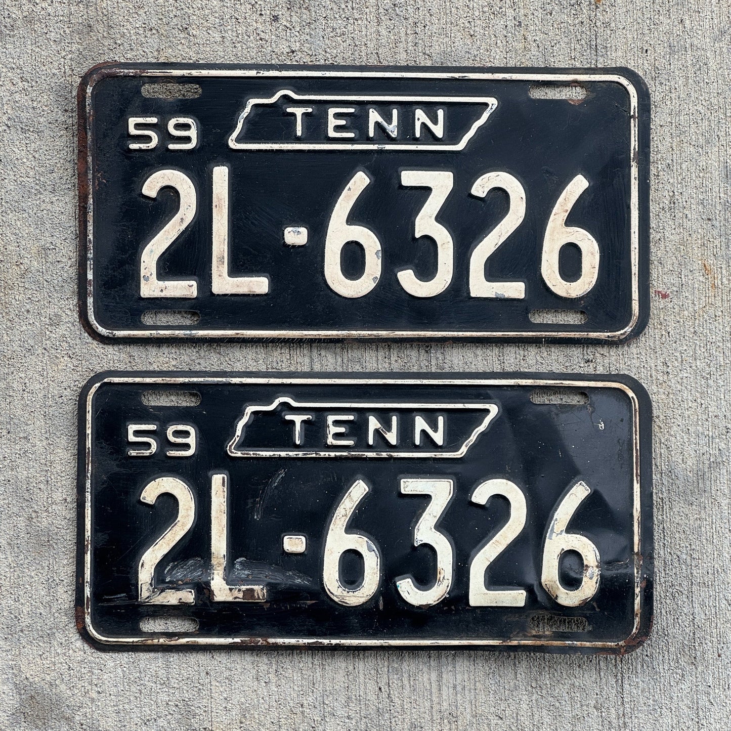 Photo of a 1959 Tennessee License Plate Pair Auto Tag Garage Decor Vintage 2L 6326 with original patina