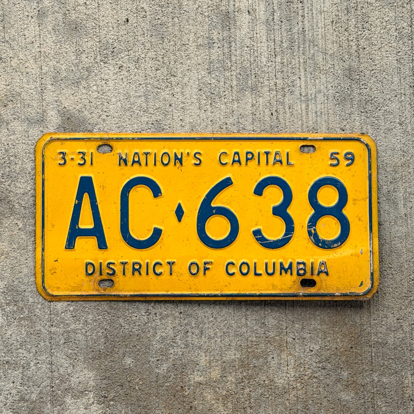 Photo of a 1959 Washington DC License Plate Auto Tag Garage Decor Vintage AC 638 with original patina