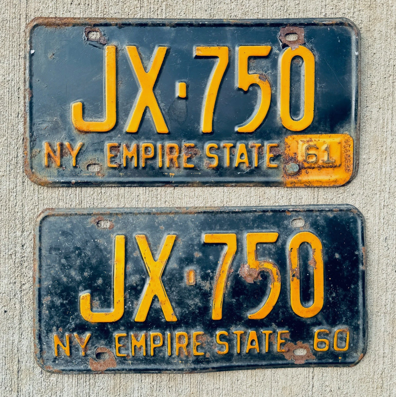 Photo of a 1960 1961 New York License Plate Pair Auto Tag Garage Decor Vintage Classic Car JX 750